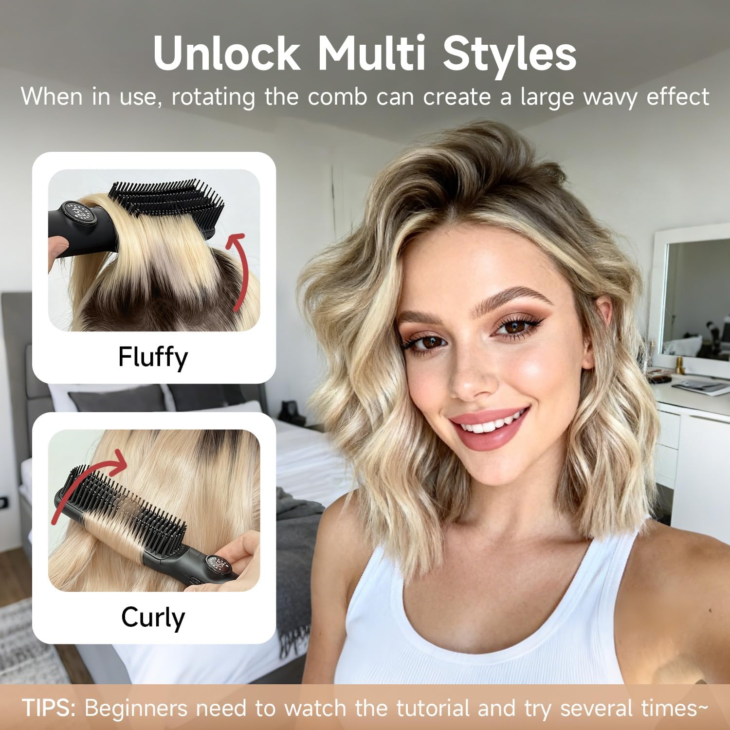 Hair Straightener Brush, FLYZEMAA Multifunctional Portable Ceramic Ion Steam Hair Straightener, Anti-Frizz Hair Care, 30s Rapid Heating with 7 Temperature Adjustment Modes and Anti-Scald Design Black