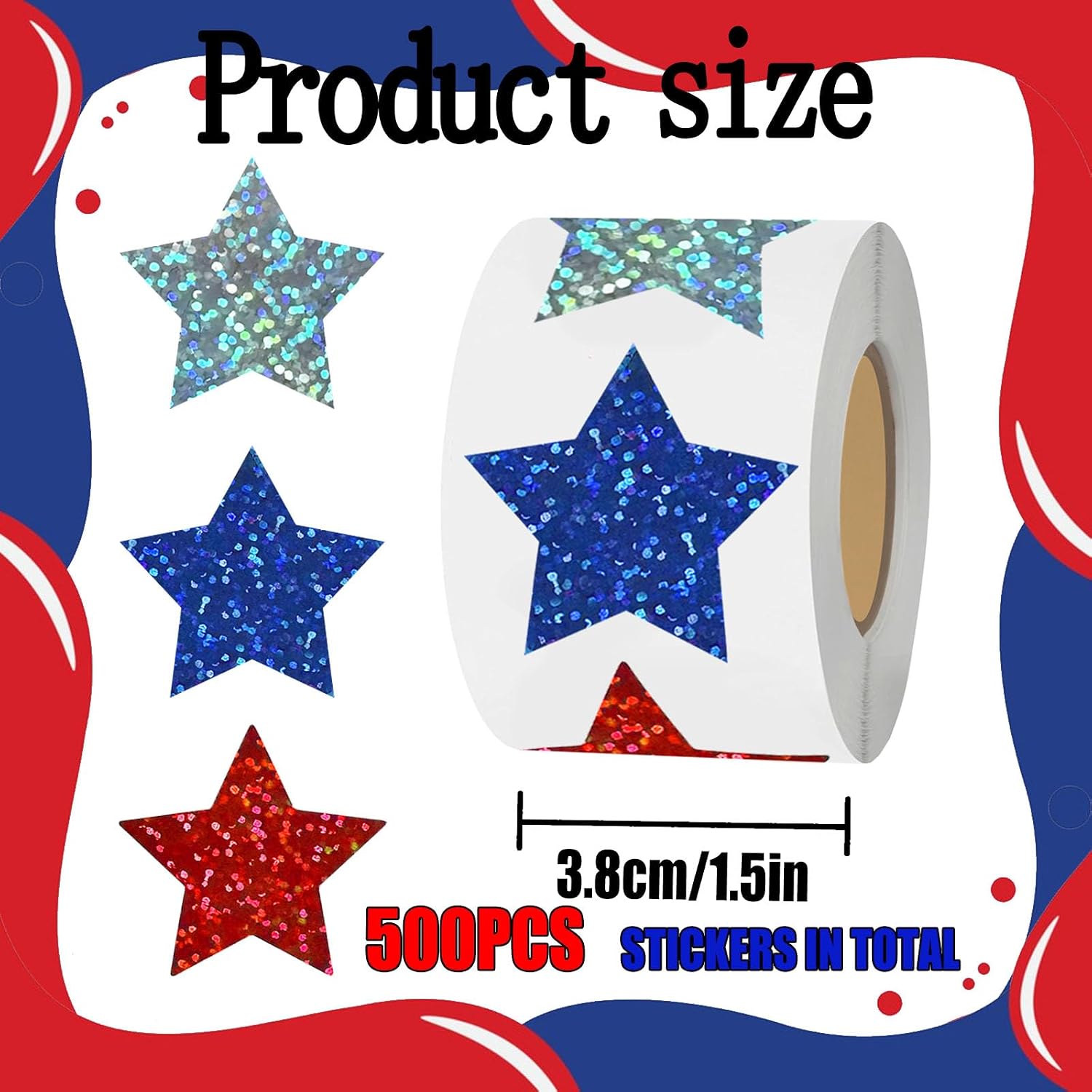 500pcs 4th of July Patriotic Stickers,Red White and Blue Laser Glitter Star Sticker,1.5Inch Self Adhesive Patriotic Sticker,for Envelopes, Gift Box Classroom，Independence Day Reward Decorations