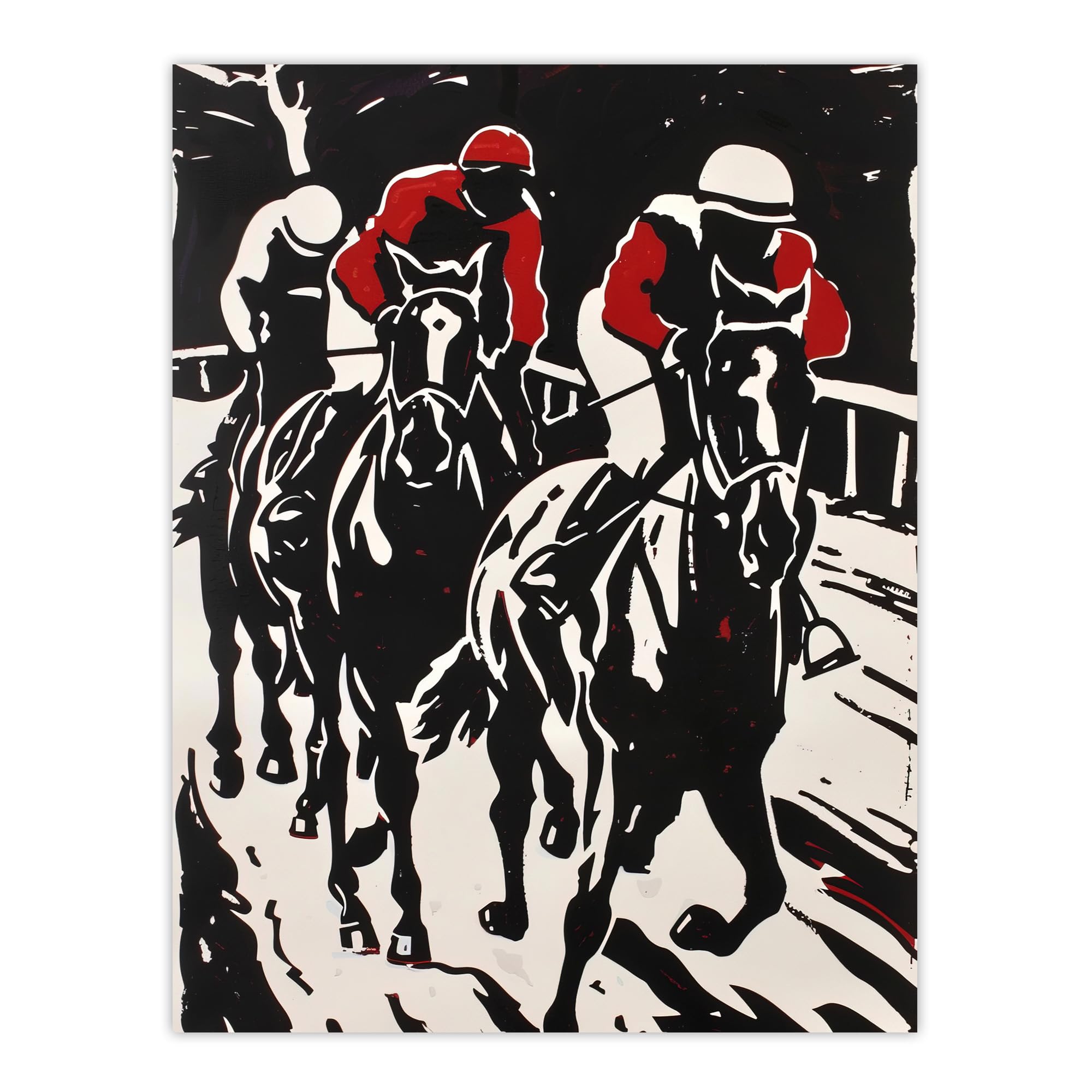 Artery8 Jockeys in Horse Racing Scene Black Red Modernist Man Cave Fathers Day Extra Large XL Wall Art Poster Print