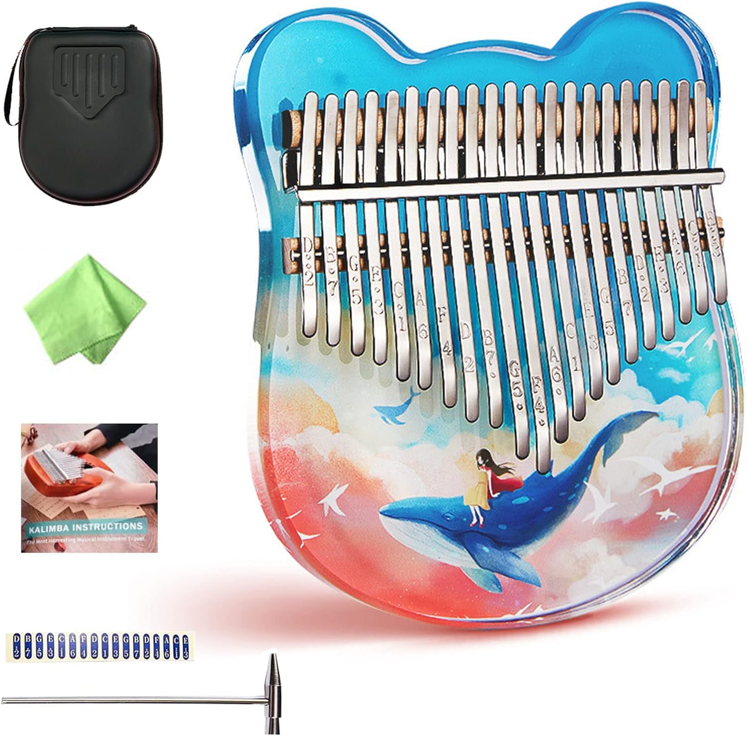 Thumb Piano 17 Keys 21 Keys Kalimba Acrylic Cartoon Painted Portable Finger Piano Set Suitable for Beginners Including Special Protective Case Tuning Hammer User Guide (21 keys,whale)