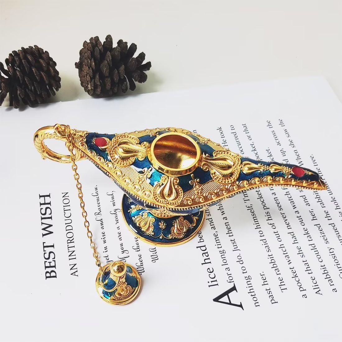 Hourwof Vintage Aladdin Magic Genie Lamp,Arabian Nights Costume Prop Lamp for Wedding Theme Party,Legend Wishing Light for Home Tabletop Decor Halloween Christmas Birthday Gift,Small Blue
