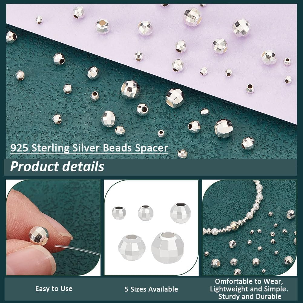 PH PandaHall 40Pcs 925 Sterling Silver Beads Spacer 5 Sizes Faceted Spacer Beads, Silver Ball Round Jewelry Spacers Loose Beads for Bracelet Necklace Earring Jewelry Making DIY Crafts