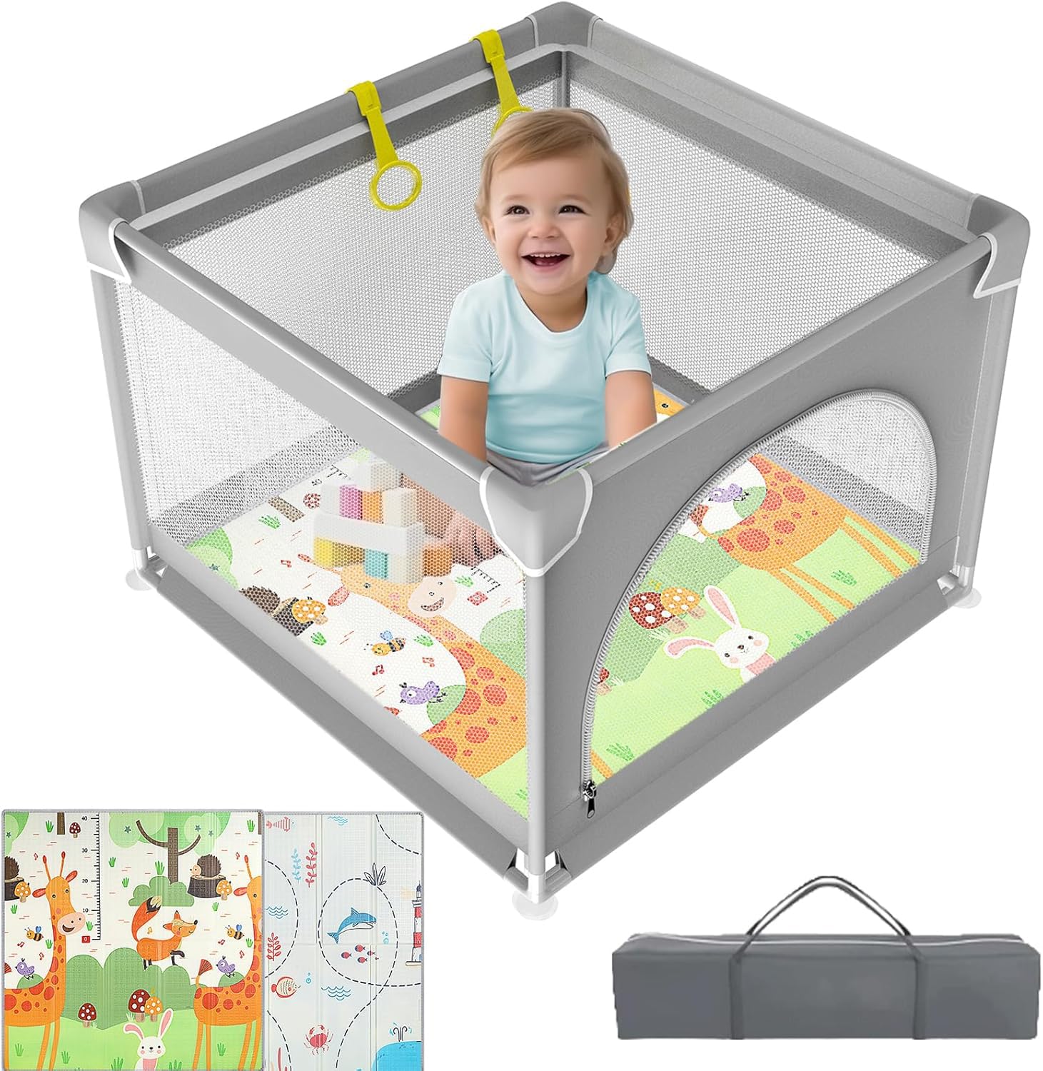 YOBWOK Baby Playpen with Mat,90x90cm Small Baby Play Pen,Playard for Apartment,Sturdy Safety Play Yard for Babies and Toddler,Soft Breathable Full Mesh Baby Fence Playards