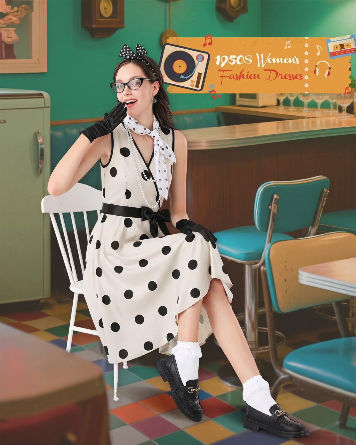 VillbeCoser 1950s Polka Dots Dress Women V-Neck Sleeveless Swing Vintage Cocktail Tea Party Dresses Retro Accessories