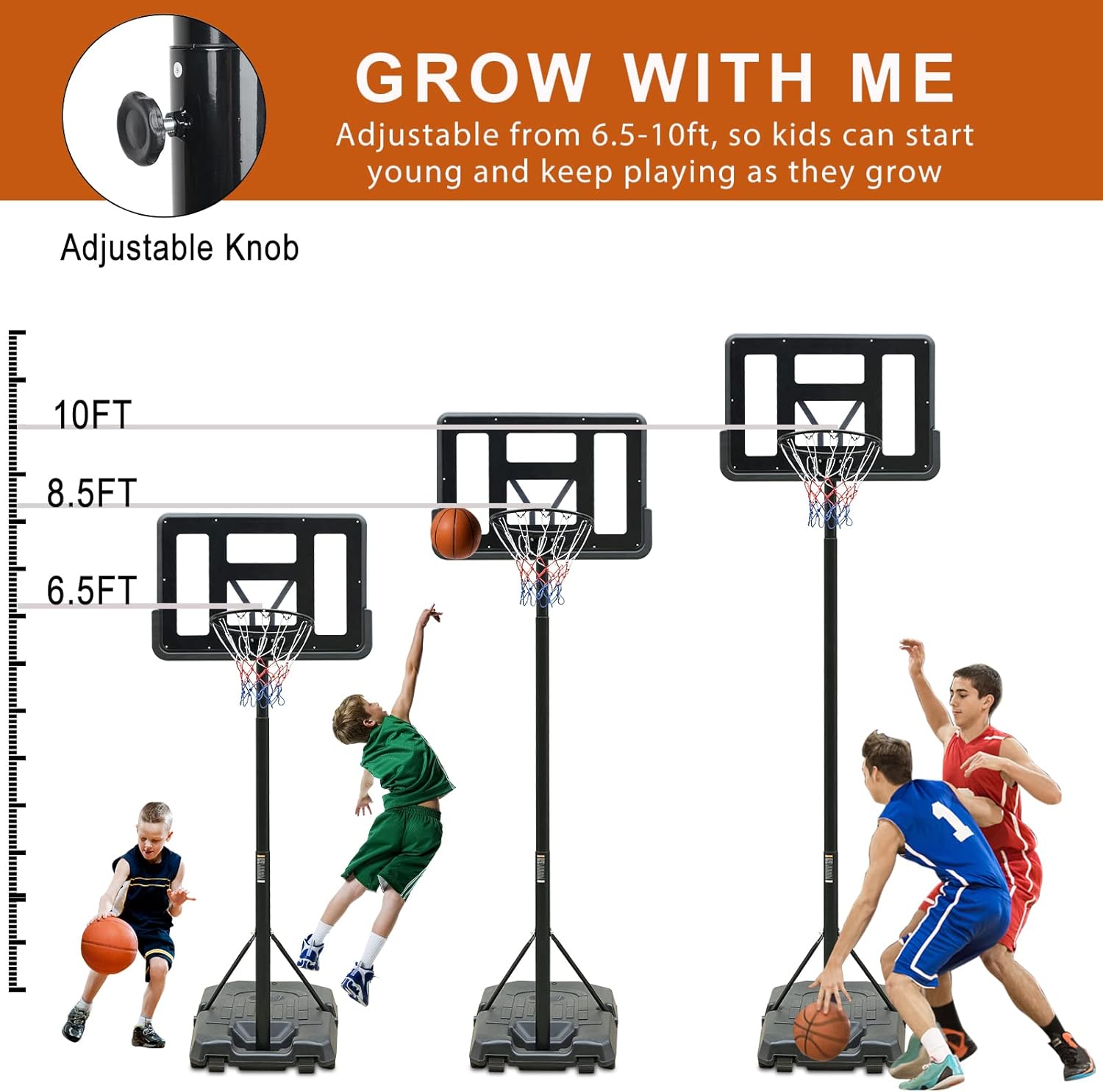 Portable Basketball Hoop Height Adjustable Basketball Hoop Stand 6.6ft - 10ft with 44 Inch Backboard and Wheels for Adults Teens Outdoor Indoor