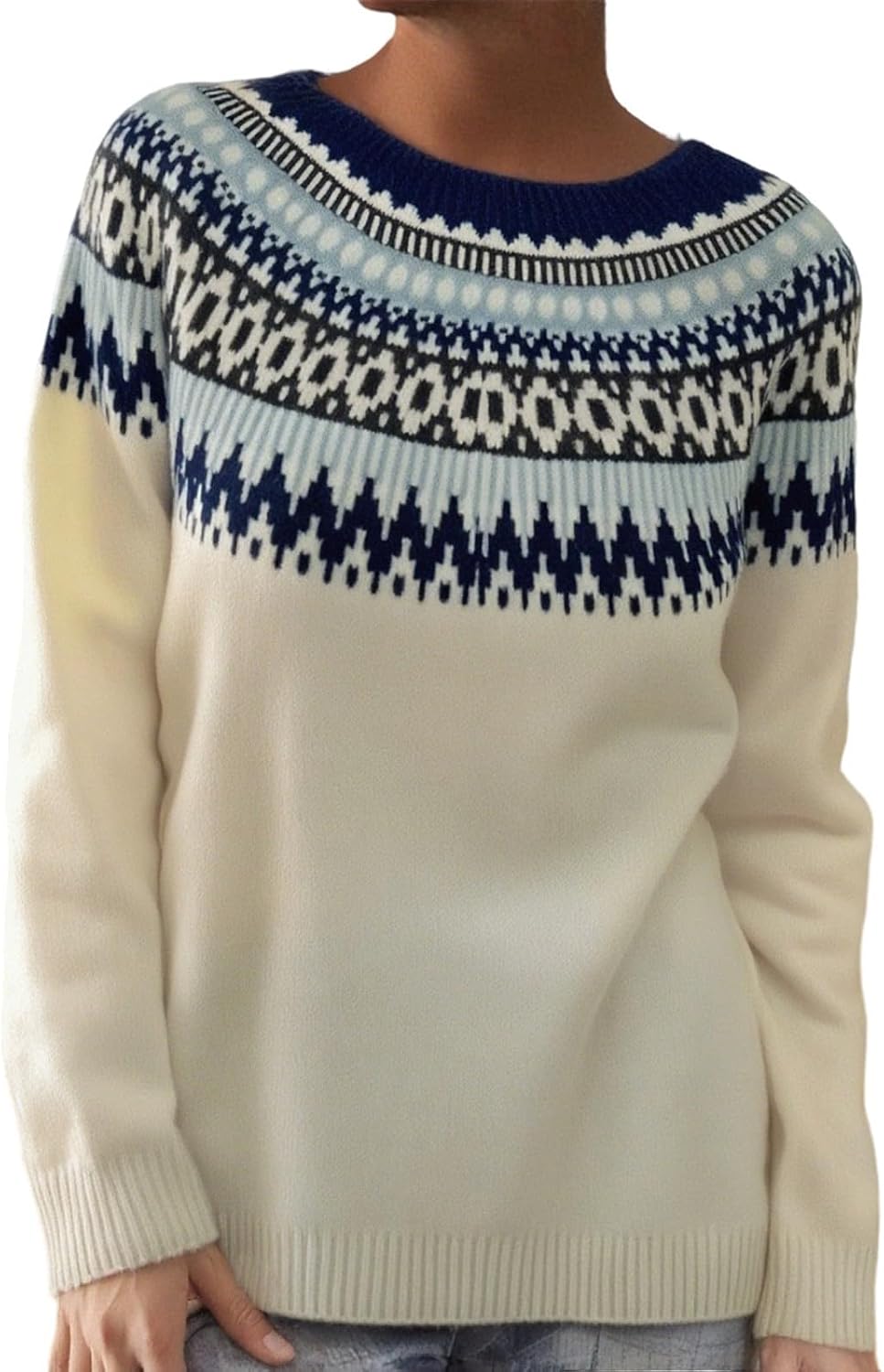 Womens Vintage Fair Isle Loose Long Sleeve Crewneck Ribbed Knit Comfy Sweater Jumper Tops,S-2XL