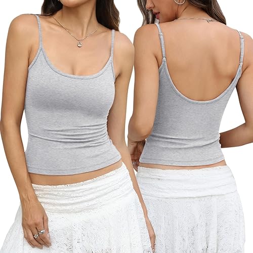 EasyGala Womens Cotton Scoop Neck Tank Top Adjustable Spaghetti Strap Camisole Basic Summer Fitted Backless Shirts 2026 - Light Heather Grey - X-Small