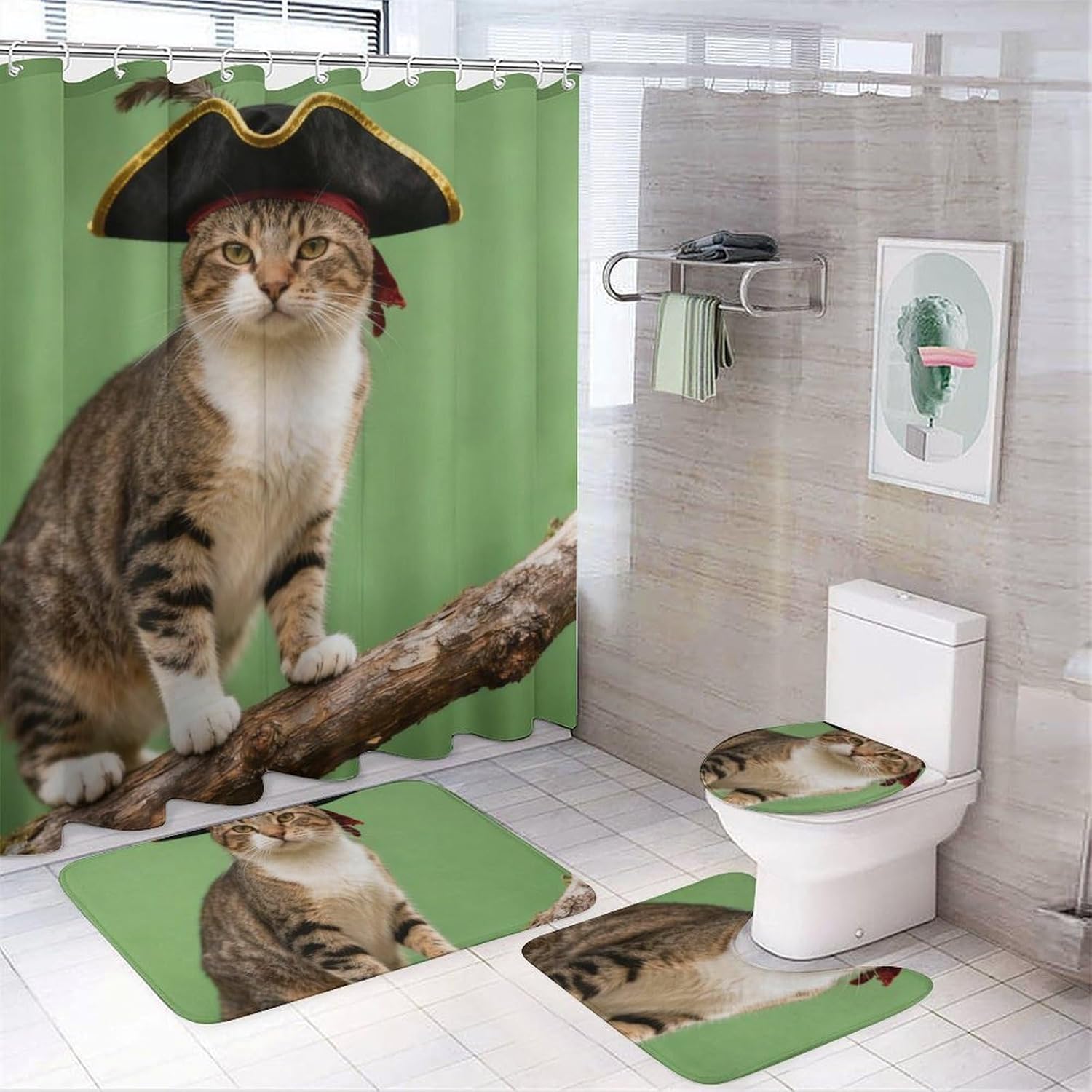 4 Piece Bathroom Rug Set with Shower Curtain, Non-Slip Bath Mat Toilet Cover Set, Cat Sentinel on A Branch Bathroom Rug Sets