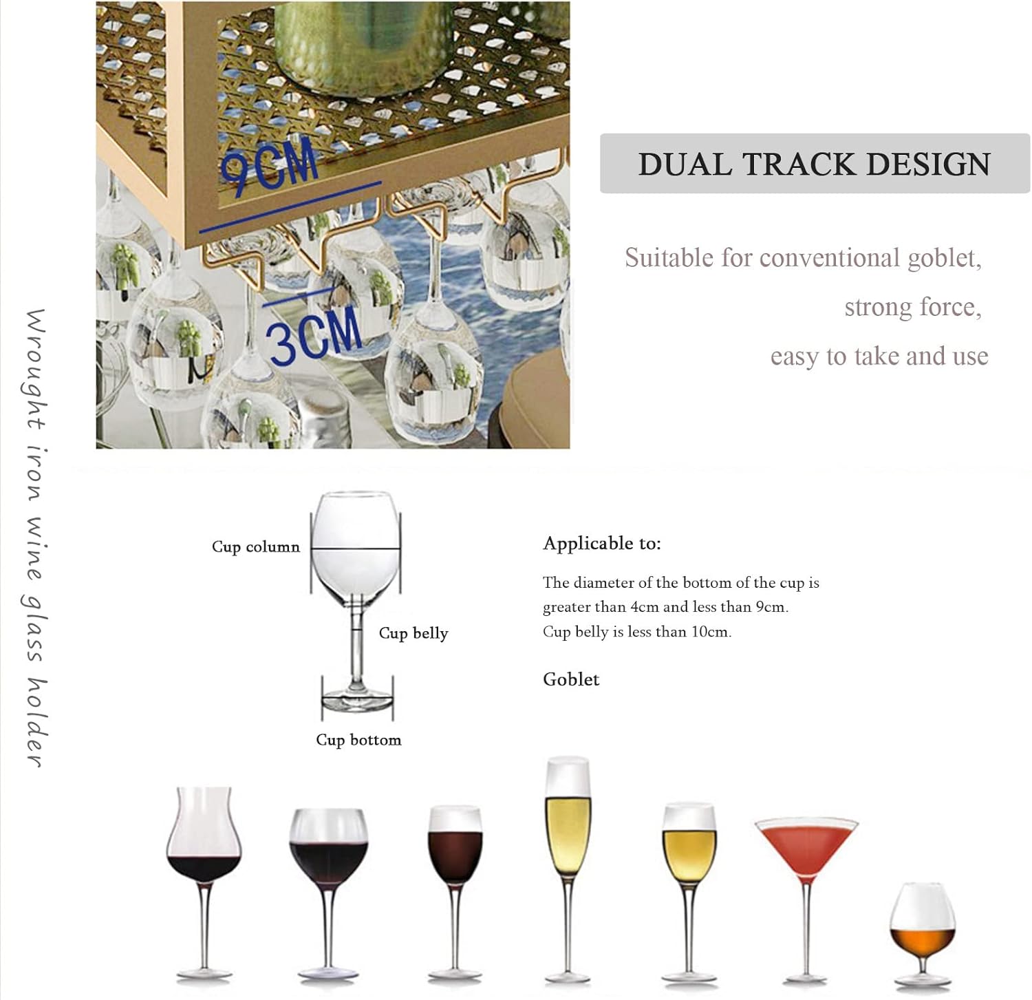 Ceiling Mounted Metal Wine Bottle Holder with Glass Goblet Storage Shelf Stylish Bar Display Rack for Home Kitchen or Restaurant Gold Finish 60x25x20cm