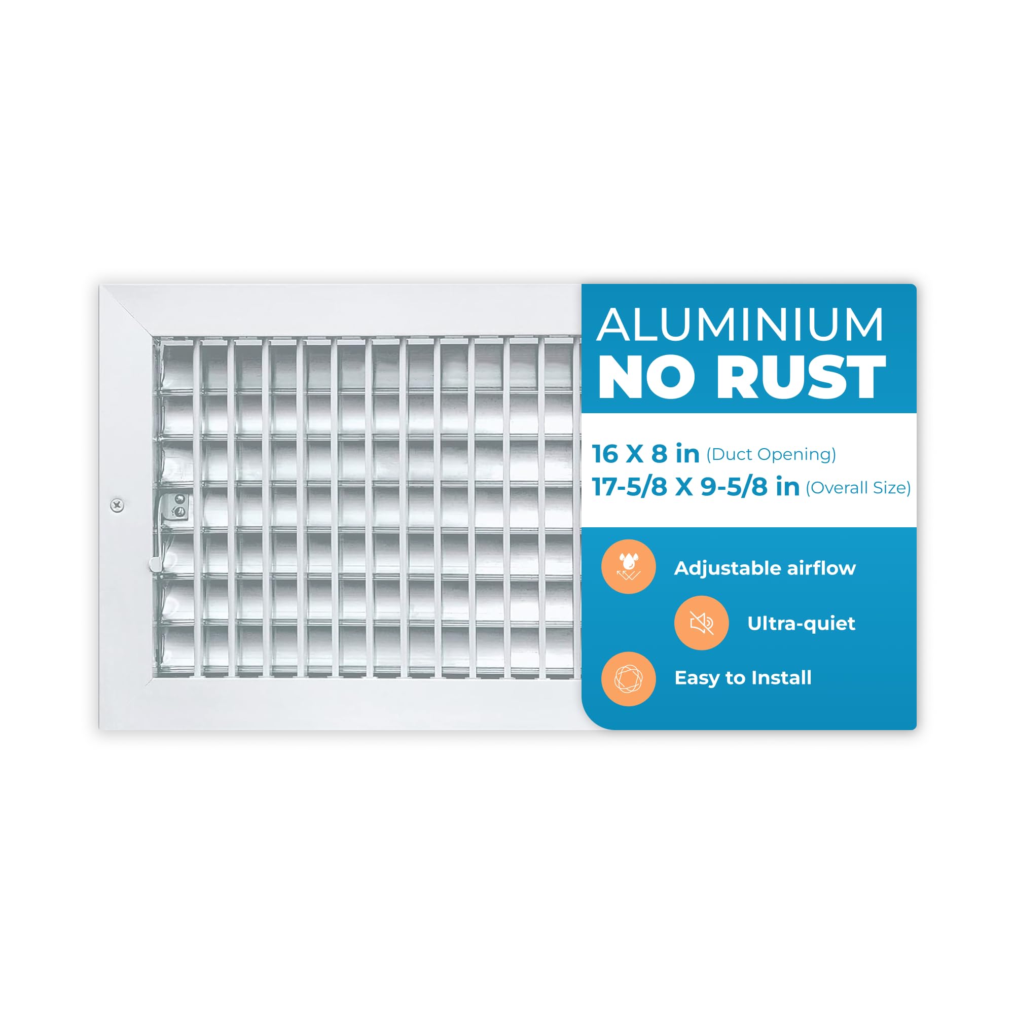 aluminum 16 x 8 inch (duct opening) air vent covers wall ac grille – premium register vent cover, durable no rust aluminum – overall size 17-5/8 x 9-5/8 inch – individually adjustable front blades