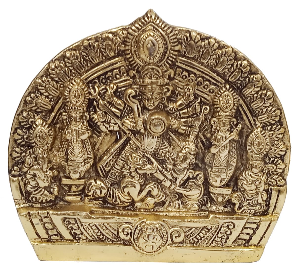 Purpledip Metal Idol Durga Mahishasura-mardini: Grand Table Top Or Wall Hanging Statue For Home Temple (12712)