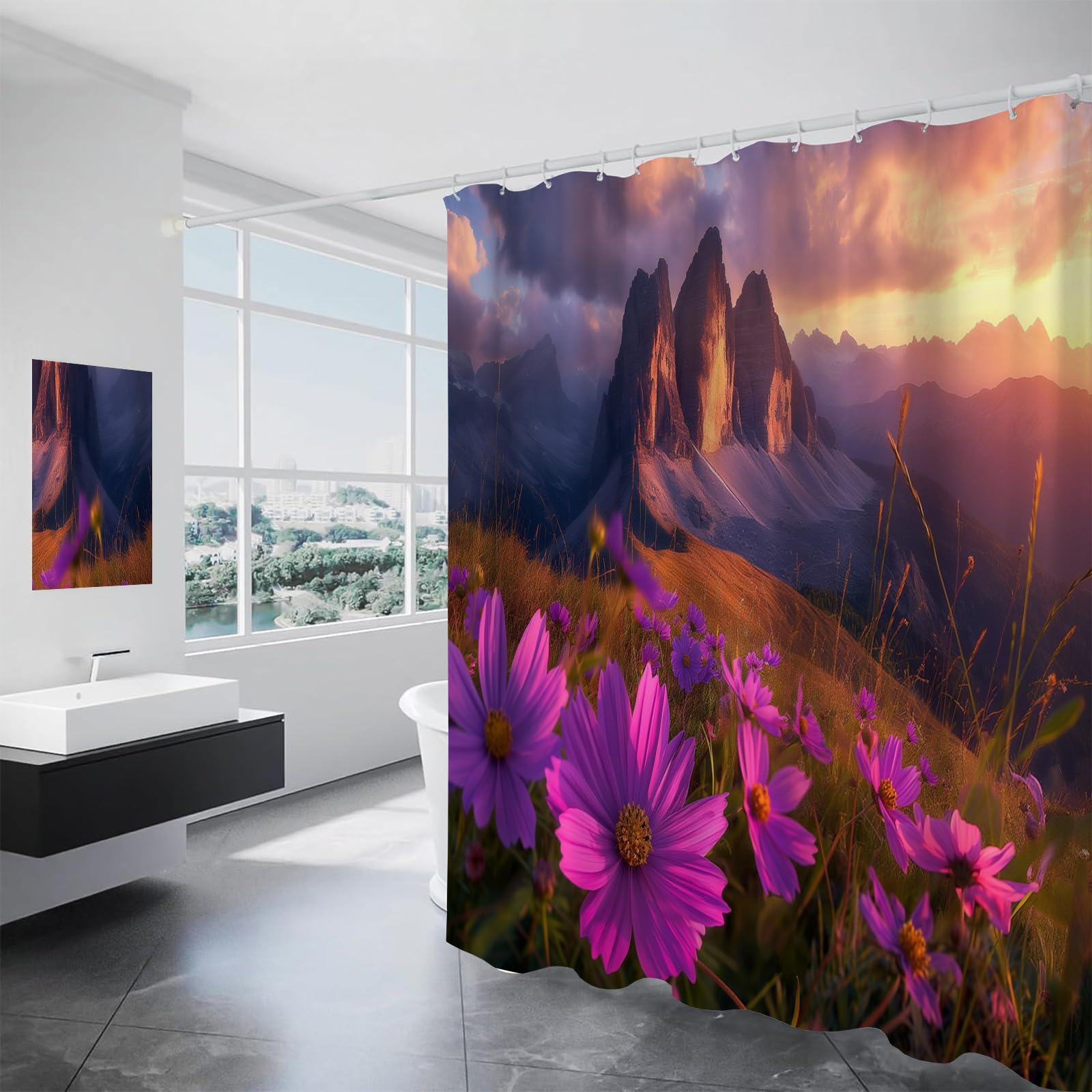 Rideau douche coucher de soleil montagnes tissu lavable petit rideau baignoire