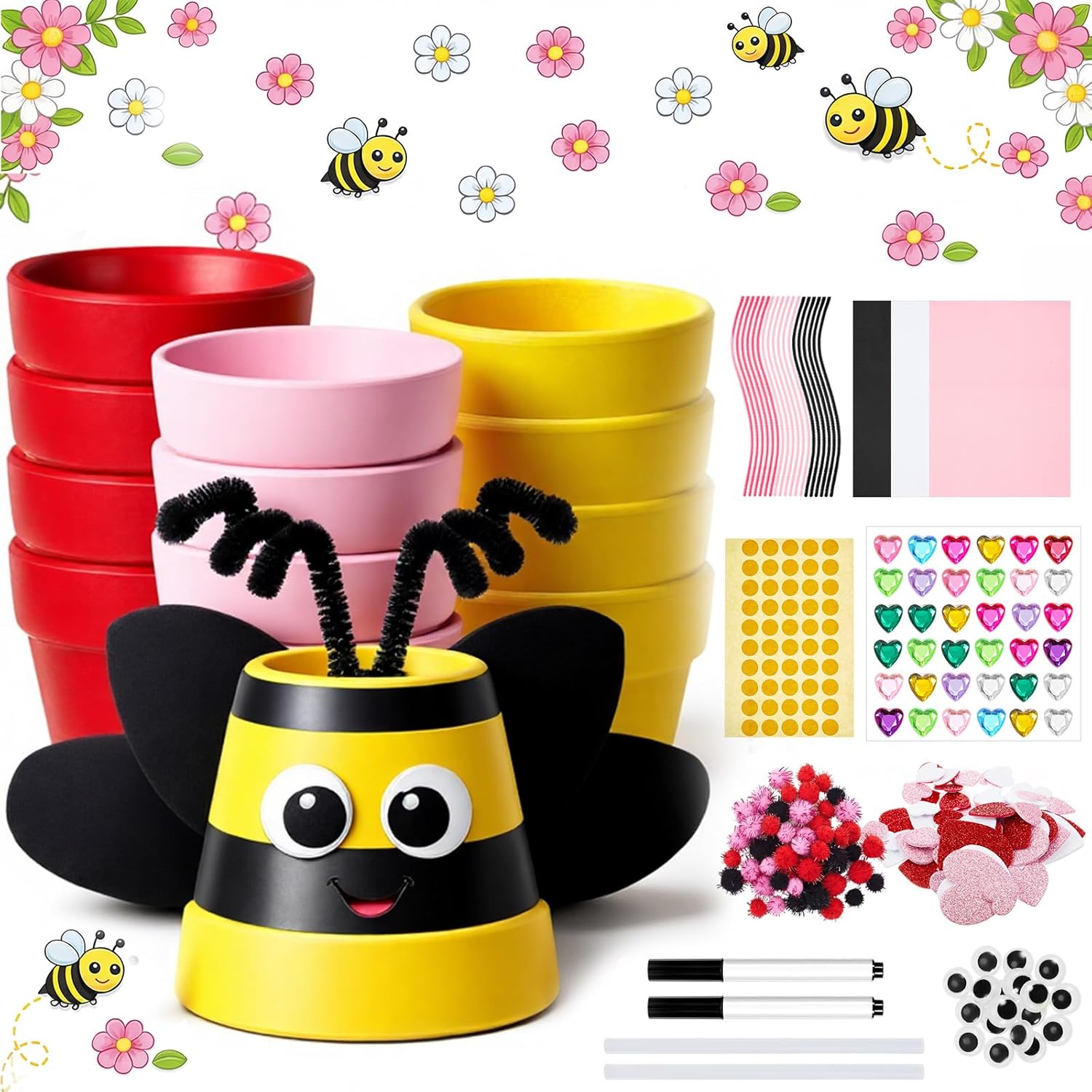 Teenyyou 414 Pcs Spring DIY Flower Pot Crafts Kit with Colorful Hearts & Pom Poms for Spring Themed Art Activities Exchange Party Favors Classroom Crafts Mothers Day Gift Decor (Yellow,Pink,Red)