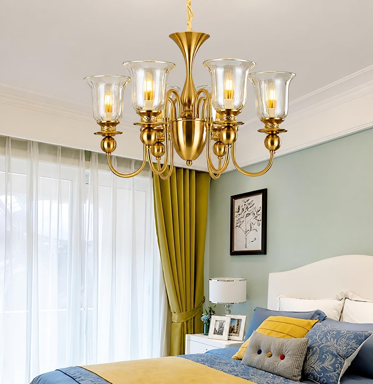 Luxury Italian Chandelier Light, 6 Light Champagne Glass, Brass Finish for Dining Hall, Drawing Room, Lobby, Hall, Cafe, Hotel with 6 Filament Bulbs, Gold-image-1