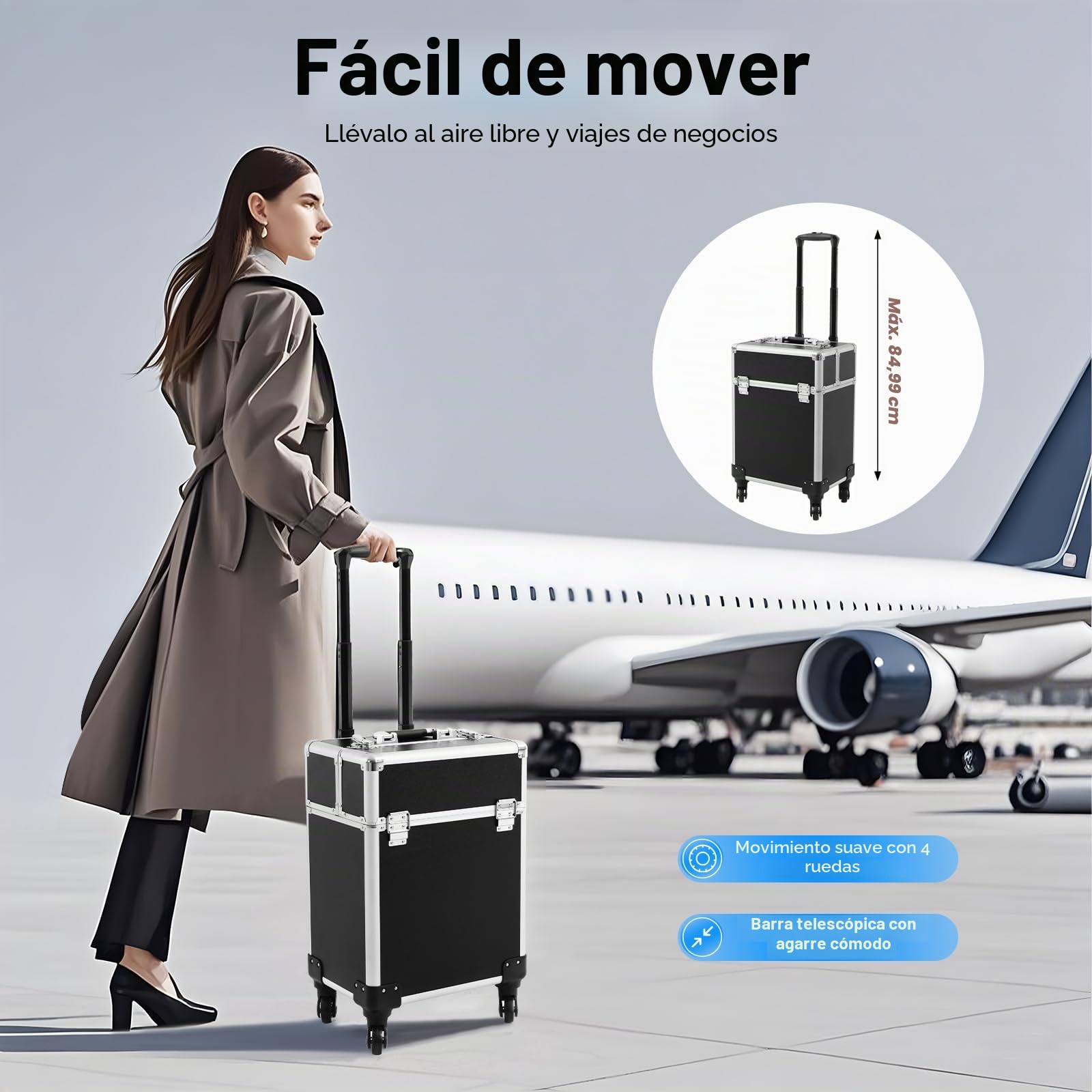 Maletín de maquillaje 3 en 1 con bandeja plegable y ruedas, multifuncional, grande, maletín de maquillaje para viajes, peluquerías, maquilladores, Negro , 24*34*47cm, moderno