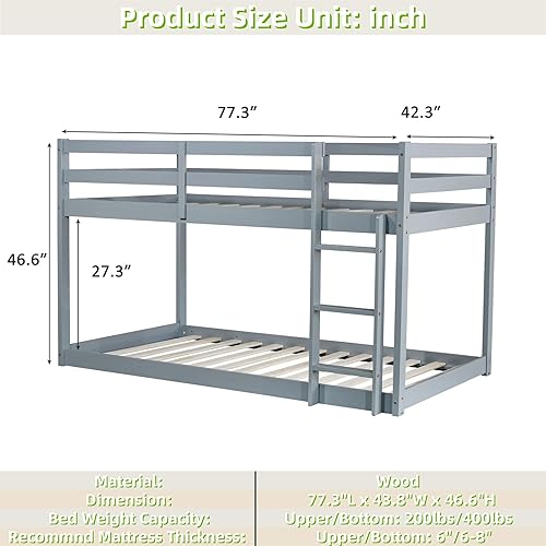 Miniatura 74 de Litera baja individual sobre individual, base de cama de madera maciza con escalera y barandillas de seguridad, literas individuales para niños y