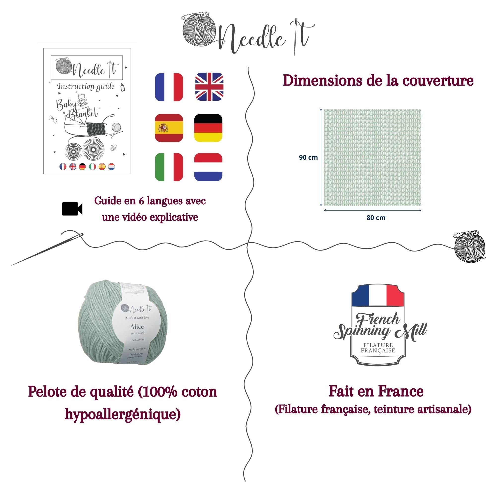 Kit Tricot pour débutant complet avec aiguilles à tricot – Couverture bébé à tricoter soi-même (vert)- Idée Cadeau