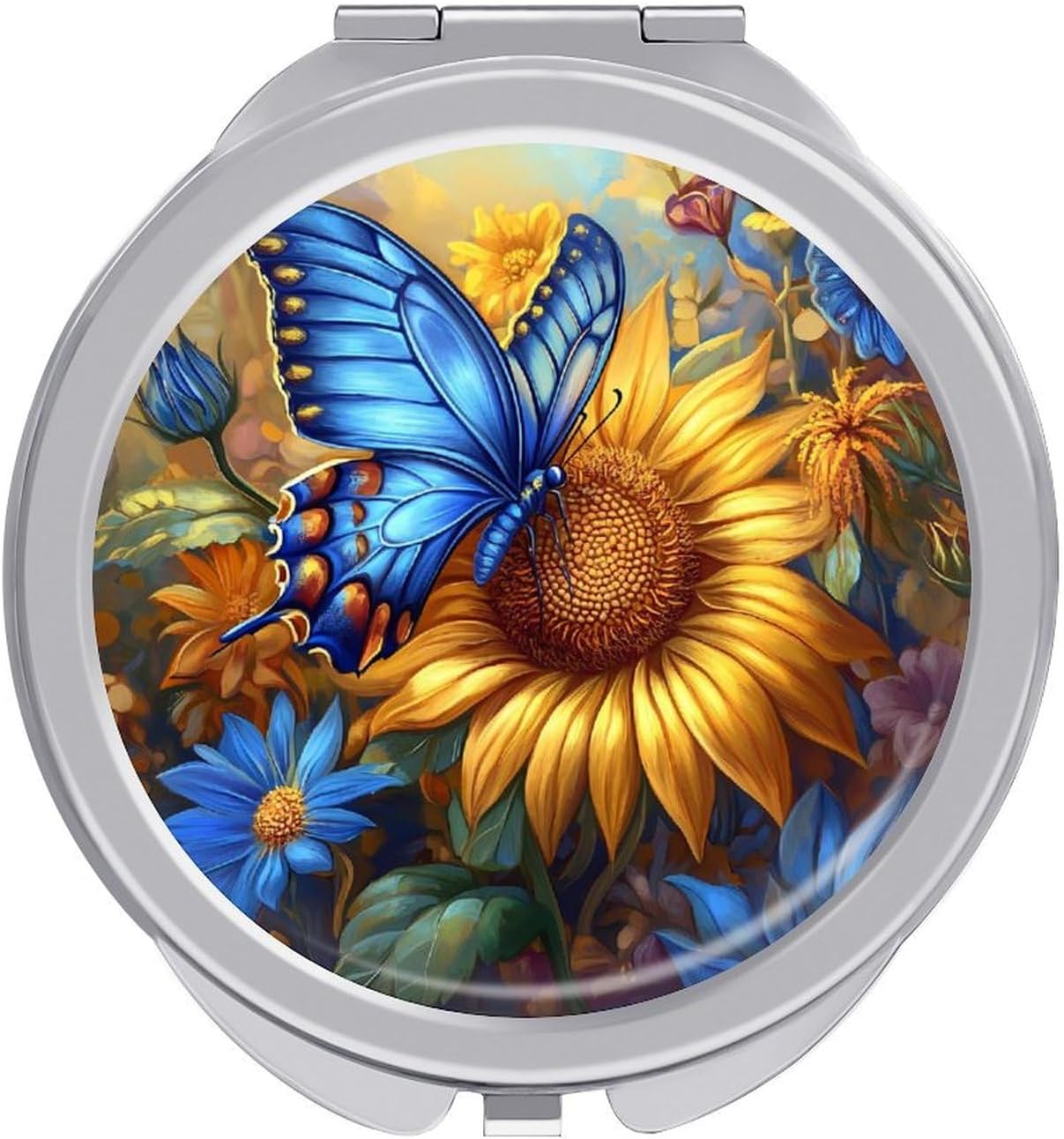 Sunflower Blue Butterfly Compact Makeup Mirror Mini Foldable Cosmetic Mirror Portable Travel Mirror for Purse Pocket