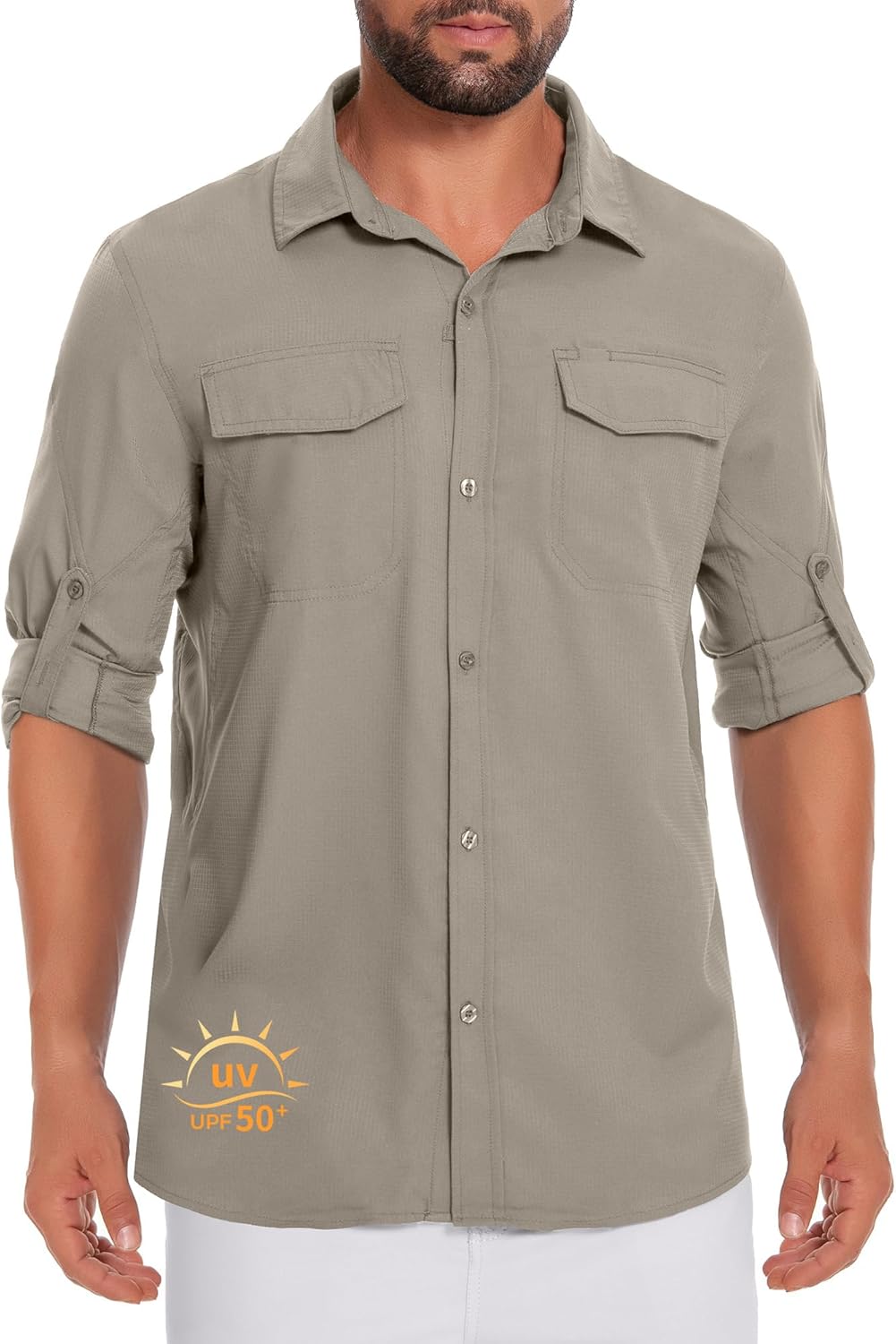 Men's UPF 50+ Fishing Shirts Long Sleeve Sun Protection Hiking Shirt Button Down Workout Shirts with Zipper Pockets
