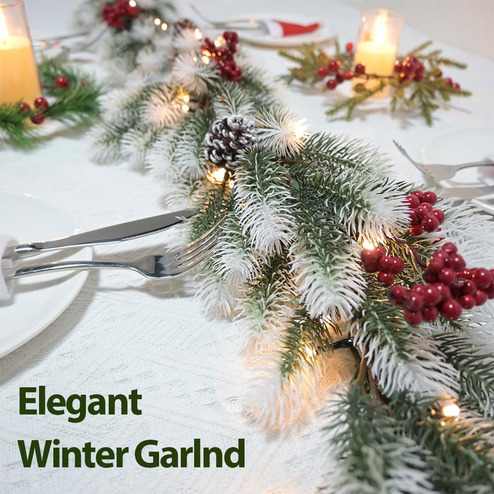 Dense Christmas Garland with Lights 6.56 FT Christmas Long Cedar Garlands for Xmas Tree Christmas Snowy Winter Pine Garlands Greenery Garland for Table Mantle Wall Indoor Outdoor Decorations
