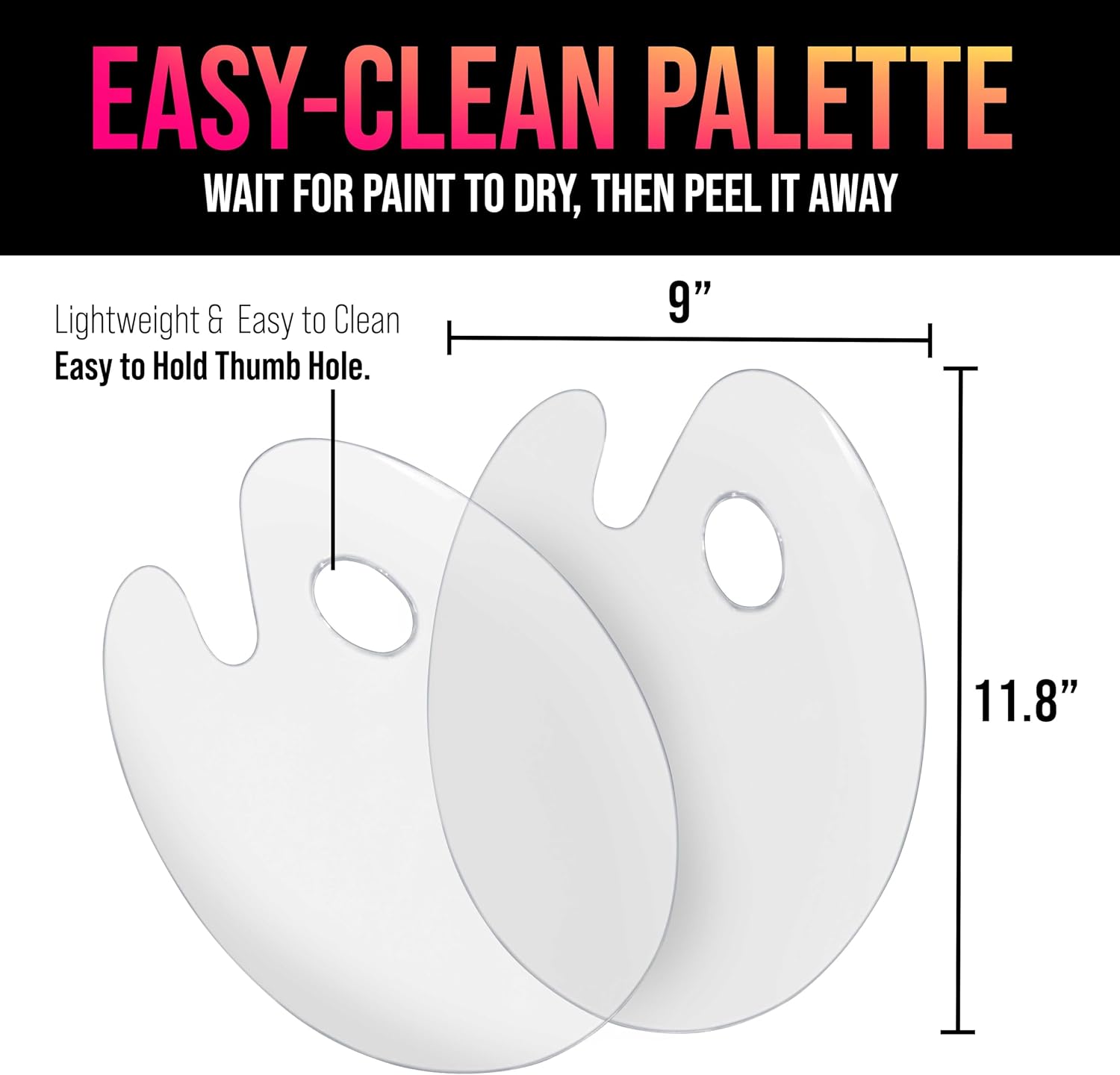 U.S. Art Supply 9" x 11.8" Clear Oval Acrylic Painting Palette (2-Pack) - Artists Transparent Plastic Mixing Paint Palette Tray - Non-Stick Surface for Acrylic and Oil Paint