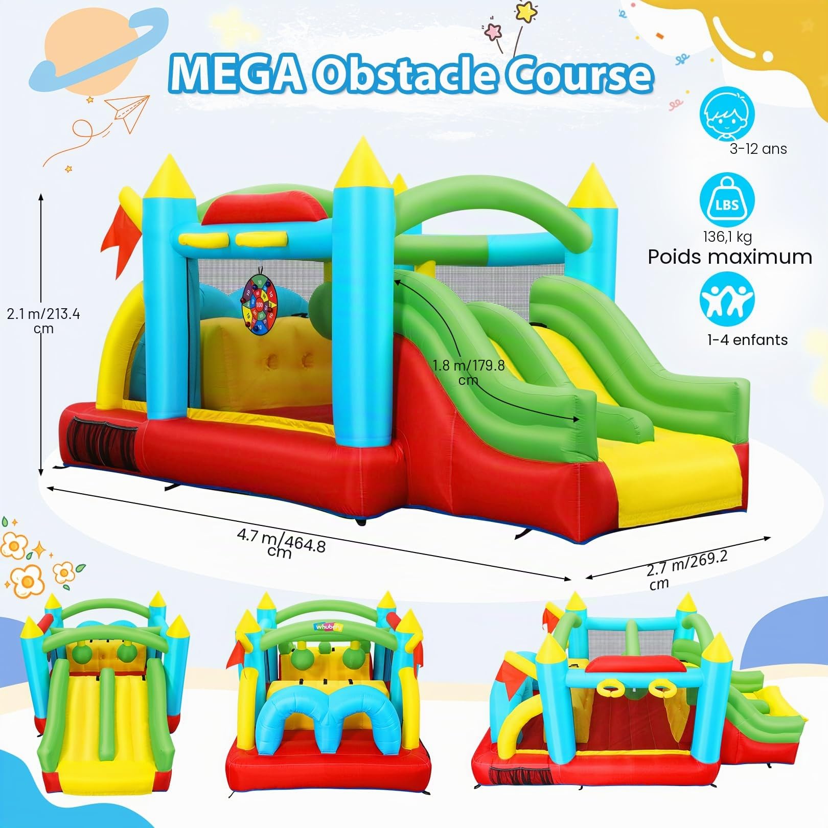 Grand château Gonflable pour Enfants 2 en 1 - Kit de Trampoline Gonflable - Parcours d'obstacles Gonflable - Centre de Jeu pour Jardin - Kit Complet avec Ventilateur (Connexion château B)