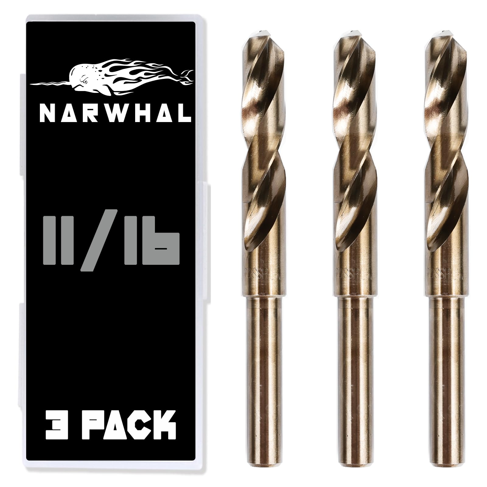 Narwhal 11/16" Drill Bits for Metal (M35 Cobalt - 3 Pack) 6" Length & 135 Degree Split Point for Drilling Into Metal, Hardened & Stainless Steel, Cast