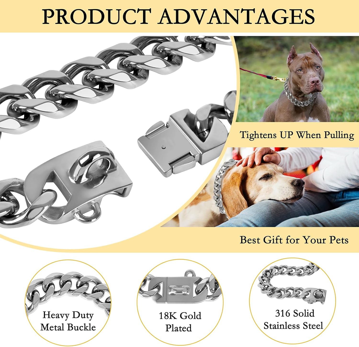 BAOBOTE 23MM Silver Dog Collar,Dog Chain Collars with Cuban Link Dog Collar,Heavy Duty Training Collar Chew Proof for Medium Dogs(22" Silver)