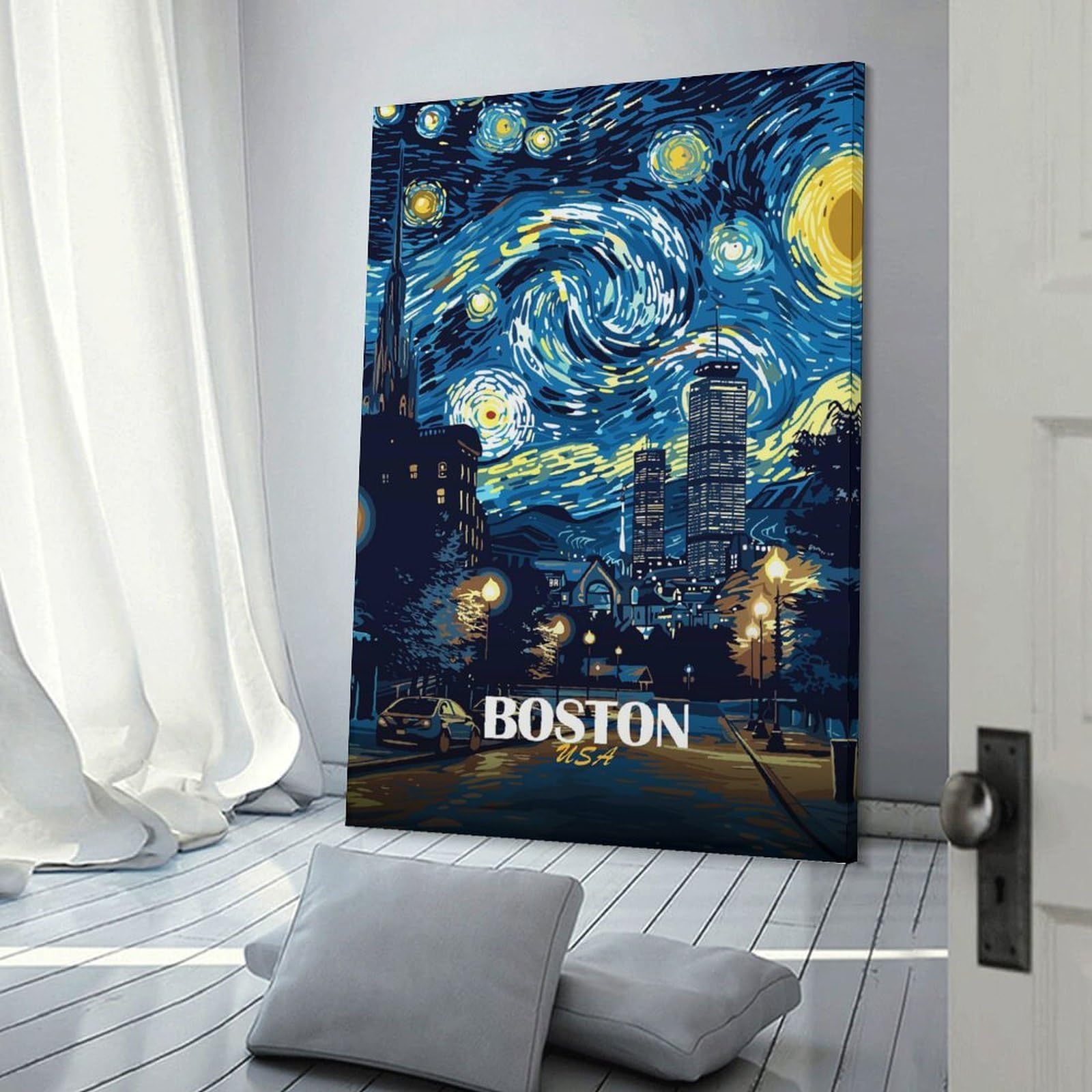 Junmoney Boston USA Starry Night Art Canvas Wall Art, 20x30inch(50x75cm), for Bedroom Decor, Cosy Corners Or Studios, Stylish Decor for A Restful Room Update