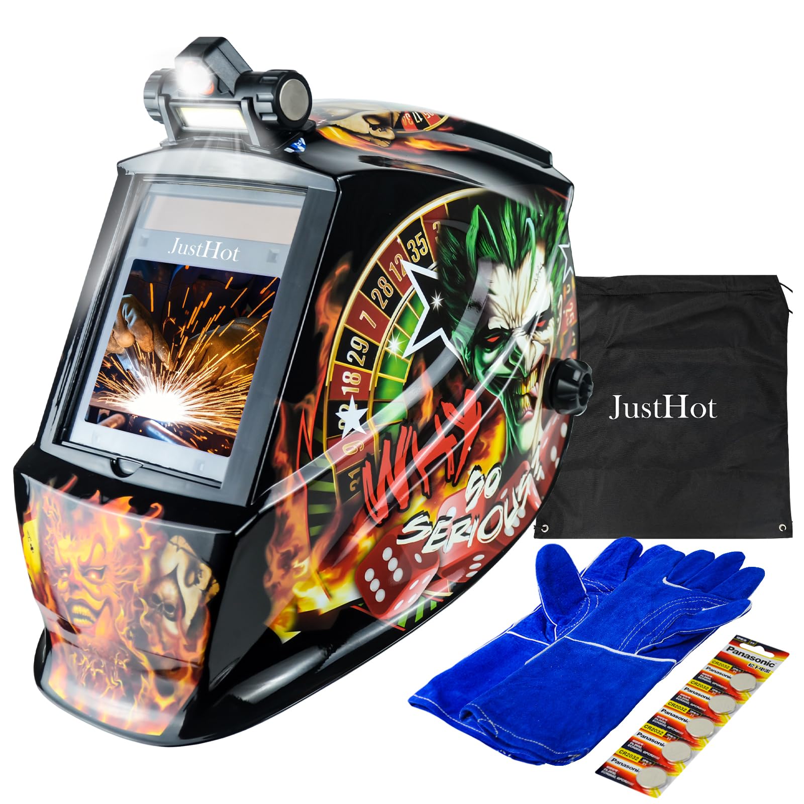 Large Viewing Welding Helmet Auto Darkening Welding Mask with Light Solar Powered True Color Welder Mask with 4 Arc Sensor Wide Shade 4/5-9/9-13 for TIG MIG ARC Weld Grinding (JH-PAL01)