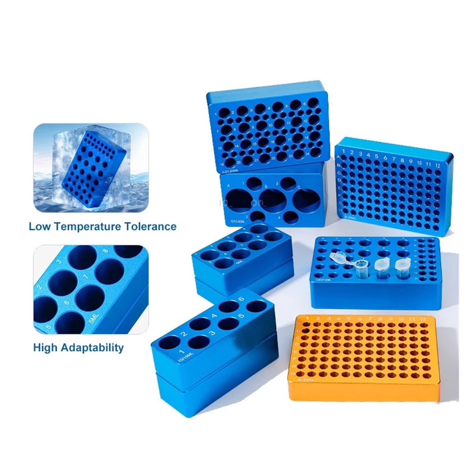 Gradilla Para Tubos De Centrífuga Caja de hielo de aluminio, bloque de tubo centrífugo, termostato de baja temperatura, módulo de congelación multiusos preenfriado, 0,2, 1,5, 5ml | 48Holes-Blue