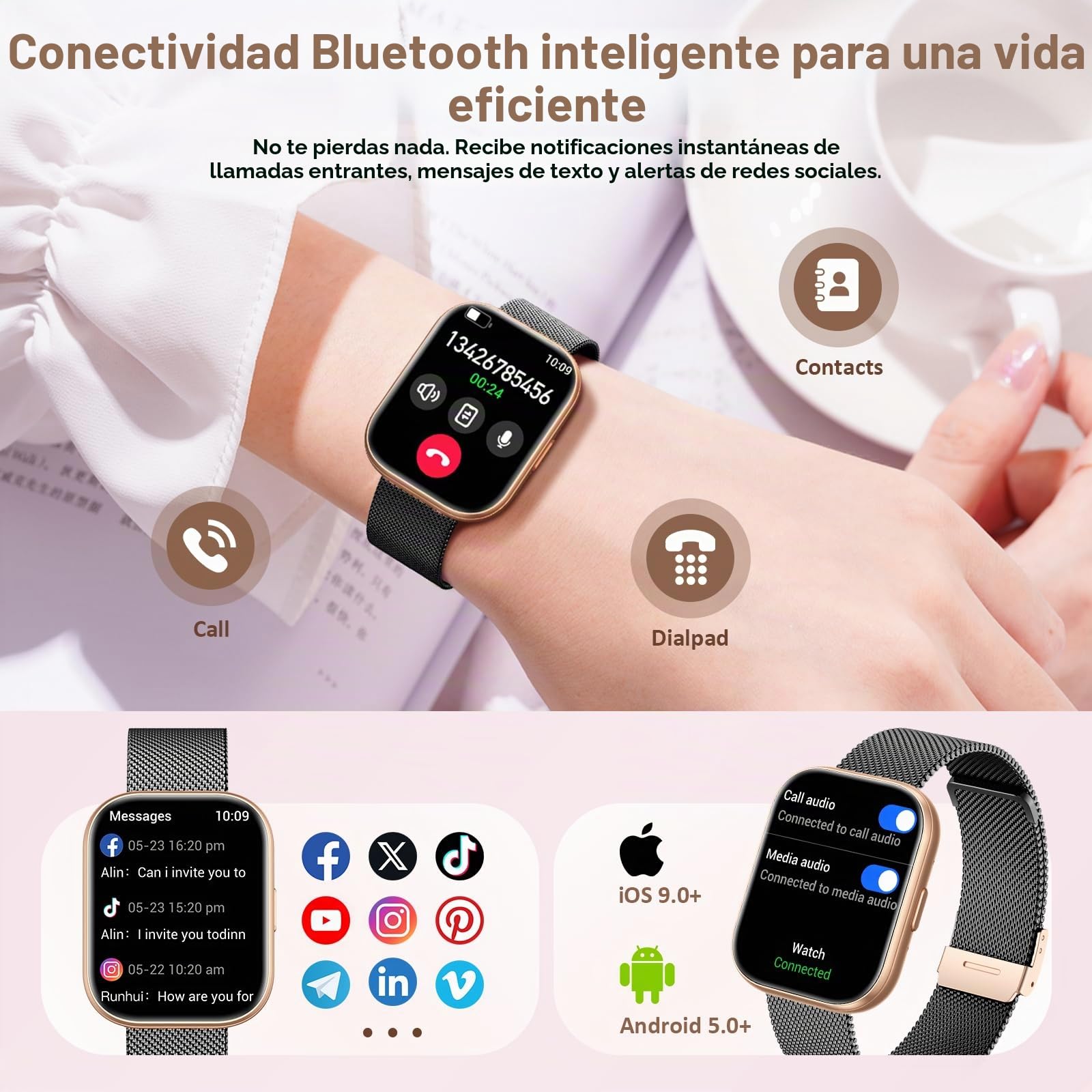 SLOKSFil Reloj Inteligente Mujer con Llamadas, 1.75" TFT Smartwatch Mujer, con 24H Pulsómetro/SpO2/120+Modos Deportivos/Sueño/IP68/ Función Femenina Smart Watch (Negro Oro)