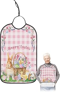 Spring Easter Adult Bibs for Elder Women Men Eating, Bunny Colorful Eggs Flower Easter Basket Pink Plaid Waterproof & Washable Bibs for Eating Clothing Protector Dining Bibs for Crumb Catcher