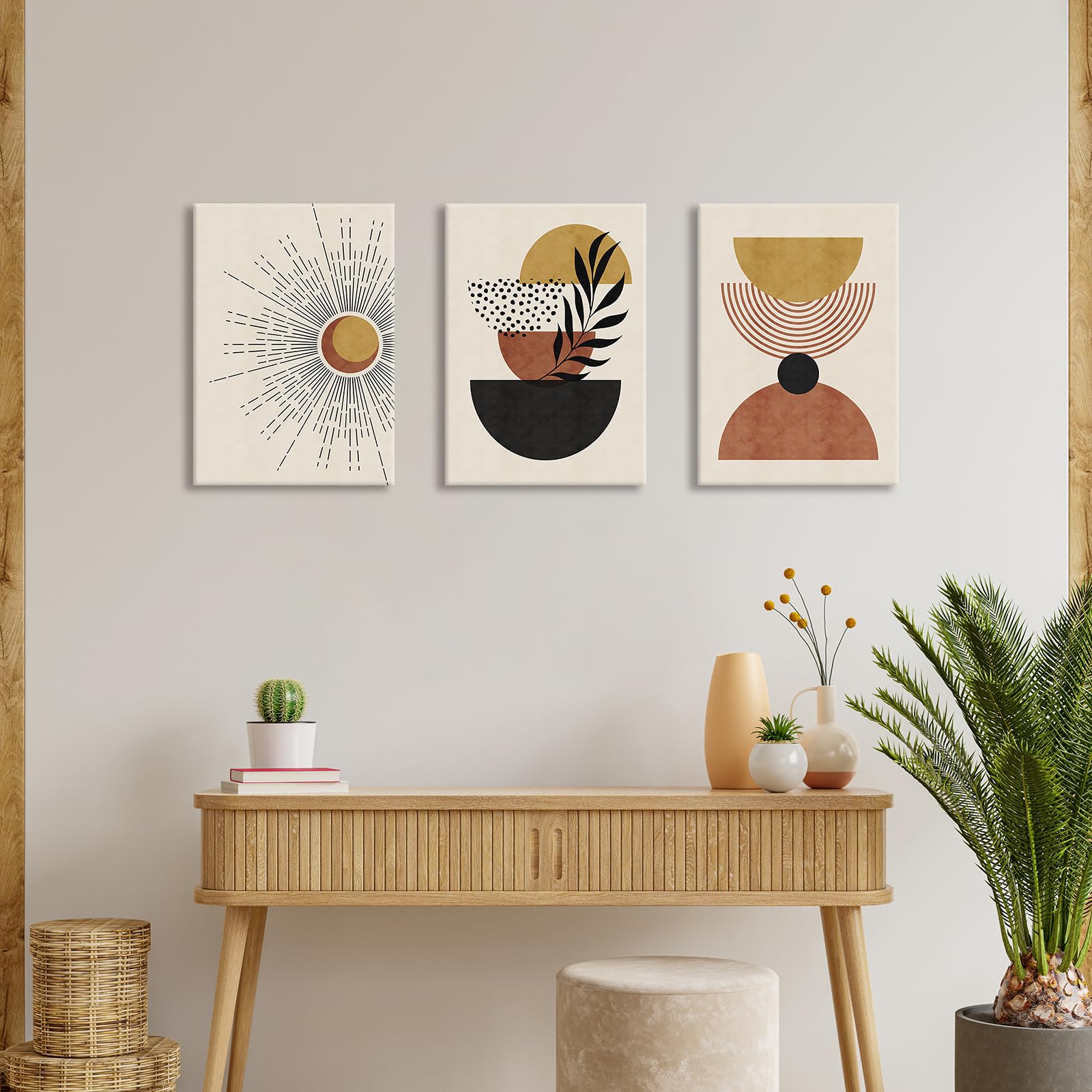3Pcs Wooden Framed Boho Canvas Wall Art Beige Ginger Orange Abstract Leaves Sun Painting Canvas Prints Nordic Minimalist Picture for Living Room Bedroom Hallway Home Wall Decor 120x60cm(16"x24"x3pcs) — view 2