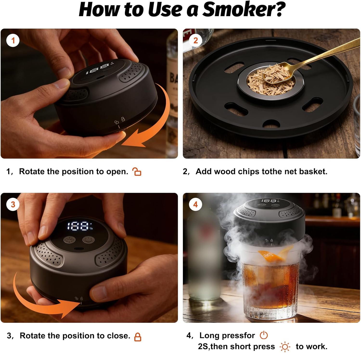 Electric whiskey smoker set, cocktail smoker with LCD screen-new smoker set without butane, built-in lighter, with 6 pieces of wood chips, rechargeable, with 6 kinds of wood, gift to the man 's father