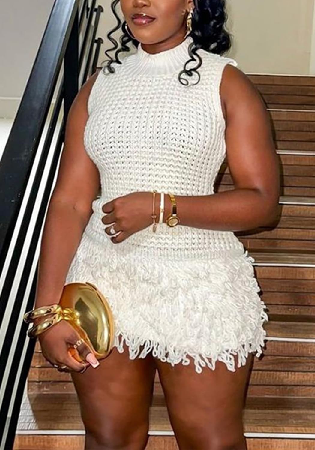 Sexy Crochet Fringe Mini Dresses for Women Summer Sleeveless Hollow Out Tassel Knit Bodycon Dress - Image 3