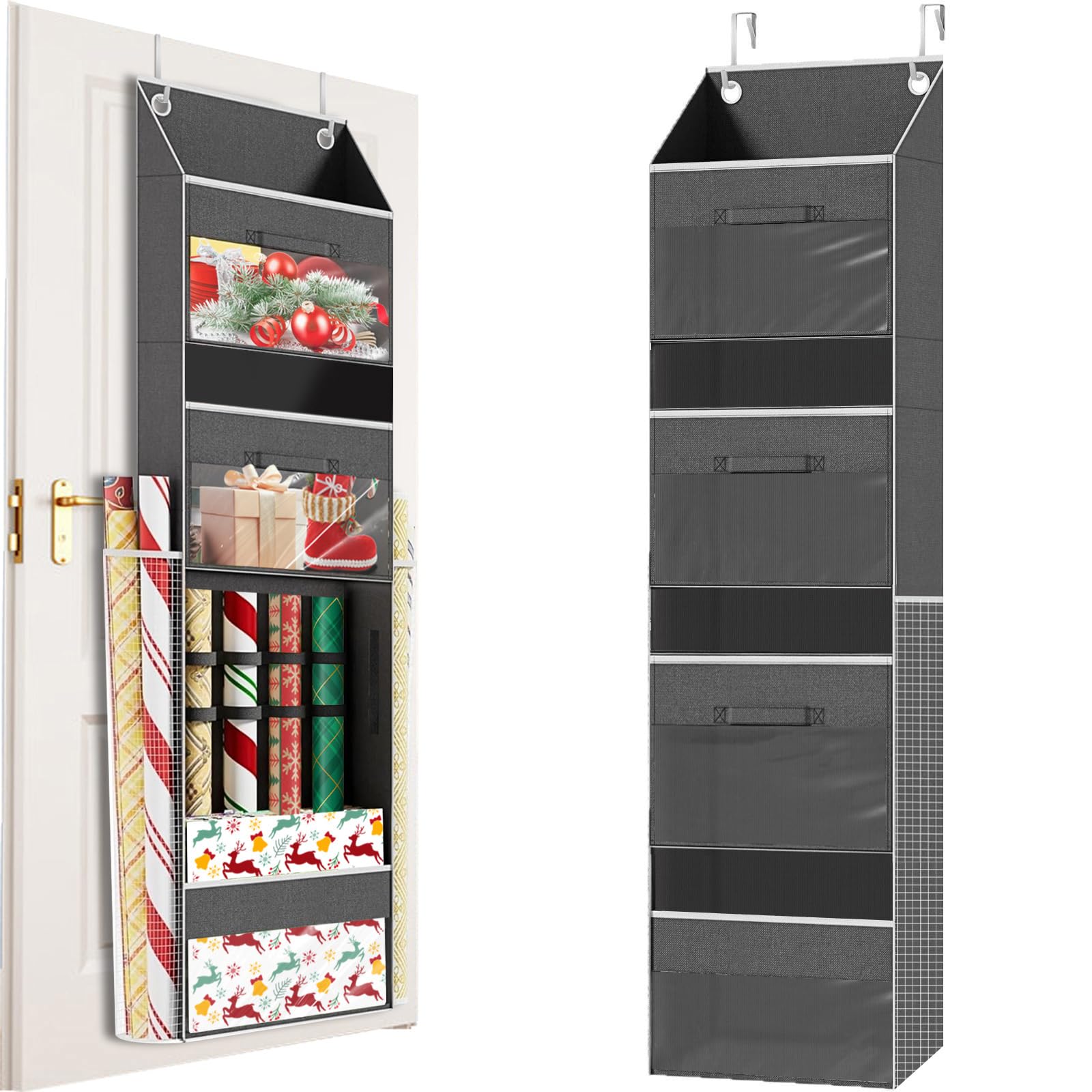 JNUYISW Geschenkpapier Aufbewahrung, Geschenkpapier Organizer an der Tür mit abnehmbaren Schubladen, Seitentaschen Hängende Aufbewahrungstasche für Bänder, Schleifen, Tags, Dekorationen 142x38x18cm Küche, Haushalt & Wohnen