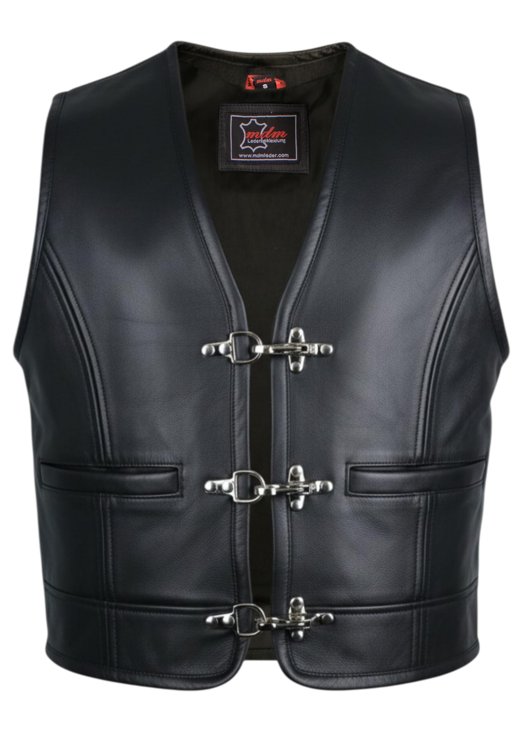 MDM Gilet biker uomo in pelle nera – Gilet moto in vero cuoio con fibbie cromate, chiuso ai lati e con tasche interne – Stile chopper classico
