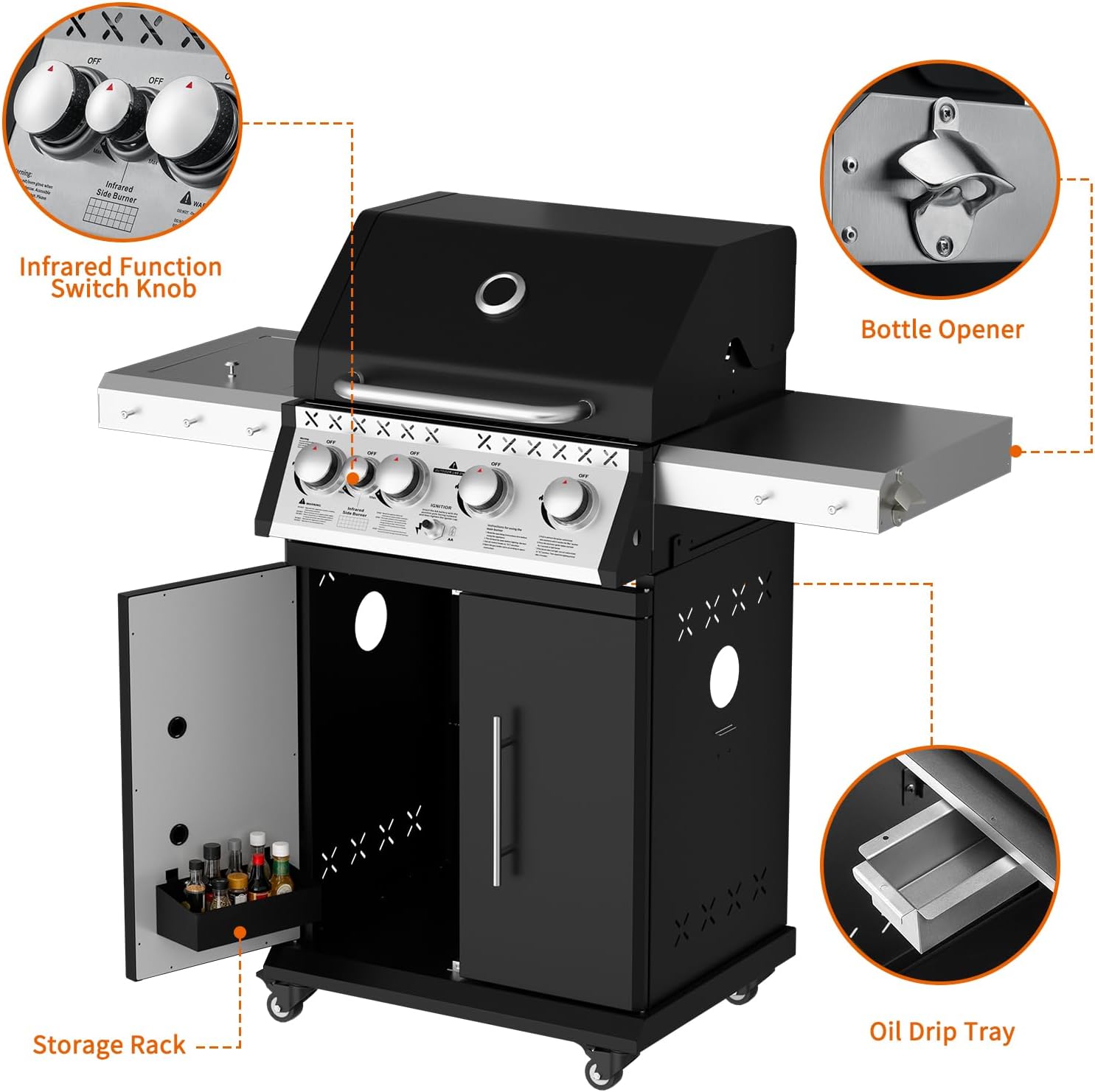 SKOK 4+1 Burners Gas Grill with Infrared Side Burners, Outdoor BBQ Grill with Cast Iron Grates, Barbecue Grill with Wheels, 60,000BTU Output