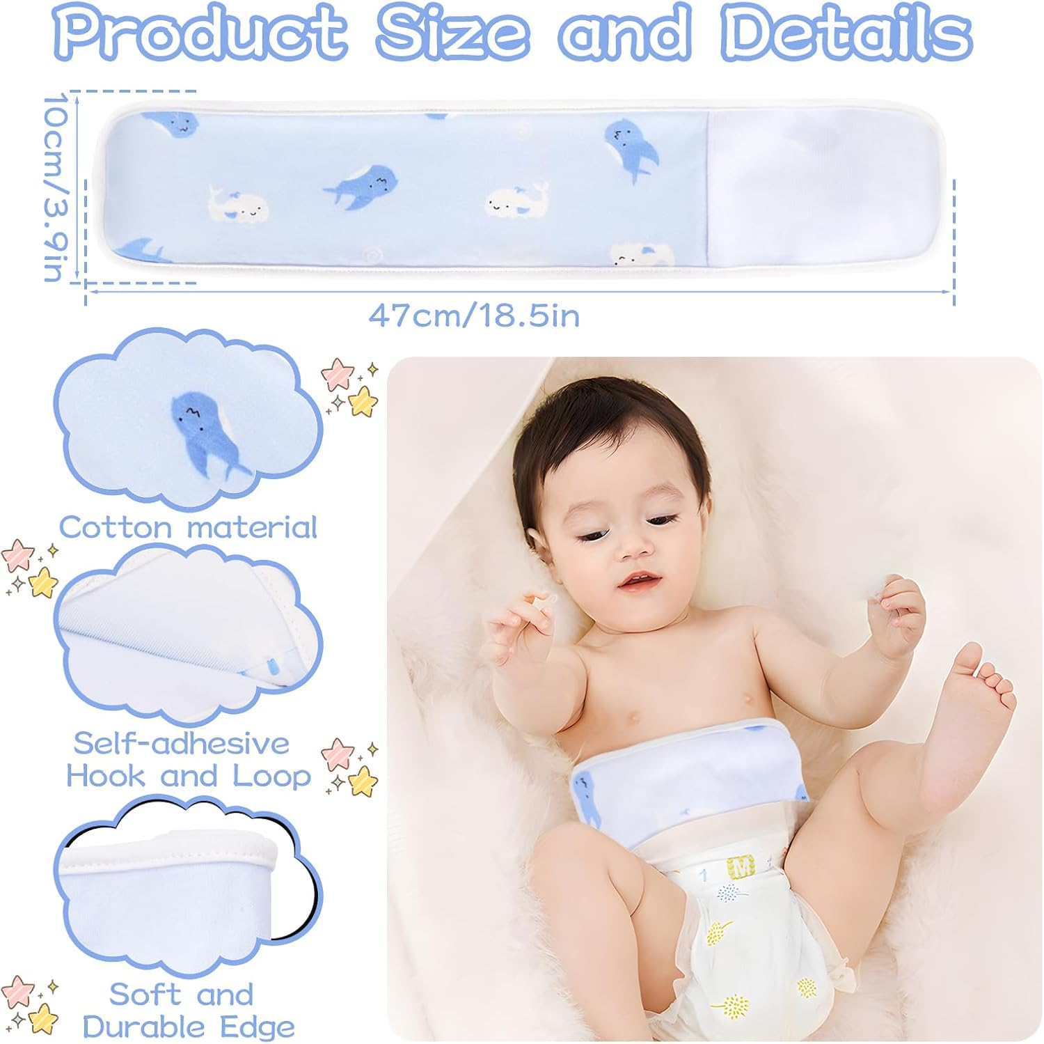 4 Pack Umbilical Cord Belly Band, Soft Cotton Adjustable Newborn Navel Wrap, Cartoon Whale Baby Tummy Protector for 0-12 Months Infant Gift