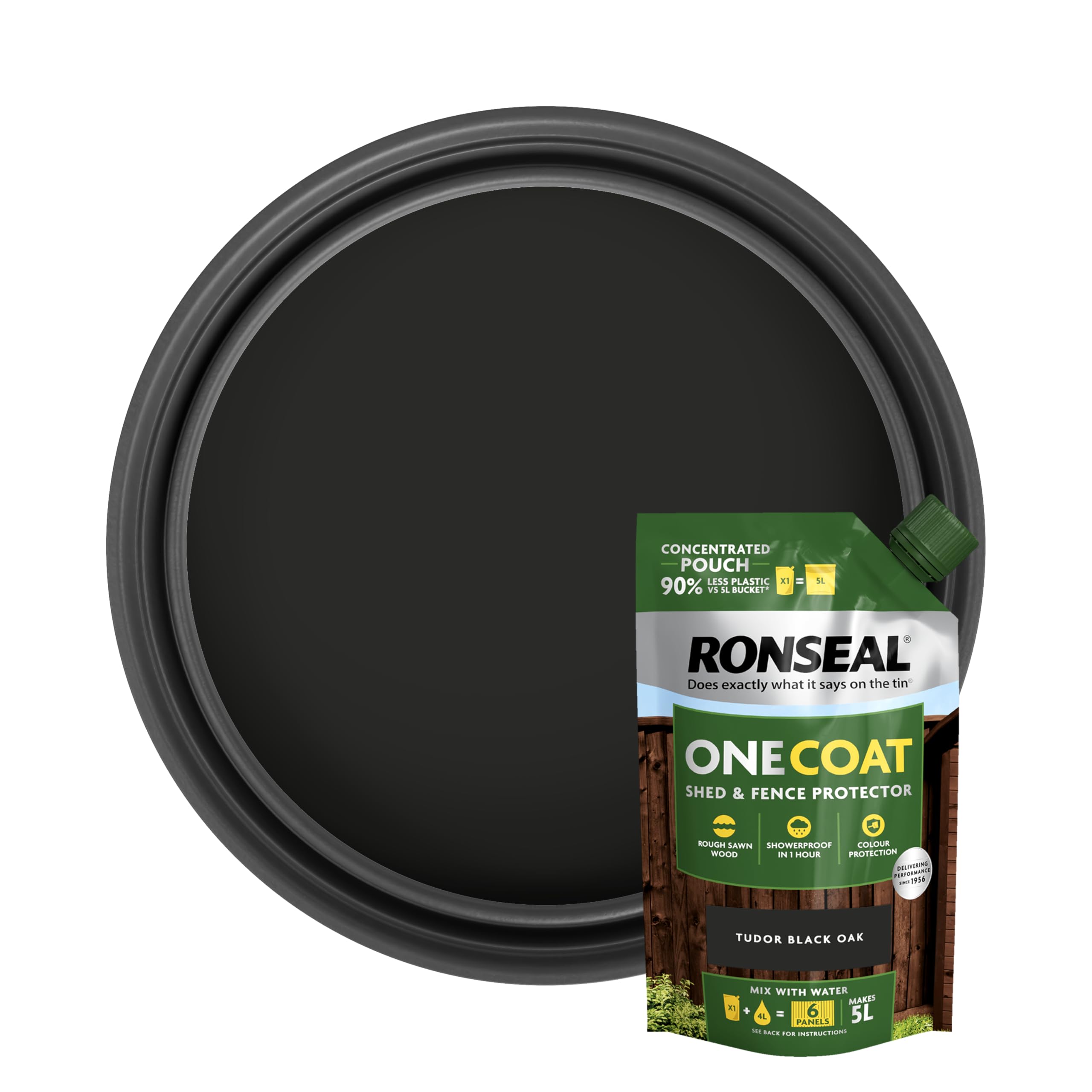Ronseal Tudor Blk One Coat Shed & Fence Pouch Tudor Black 950Ml - Mix With Water To Make 5 Litres Of Paint For Effortless Coverage And Long-Lasting Protection