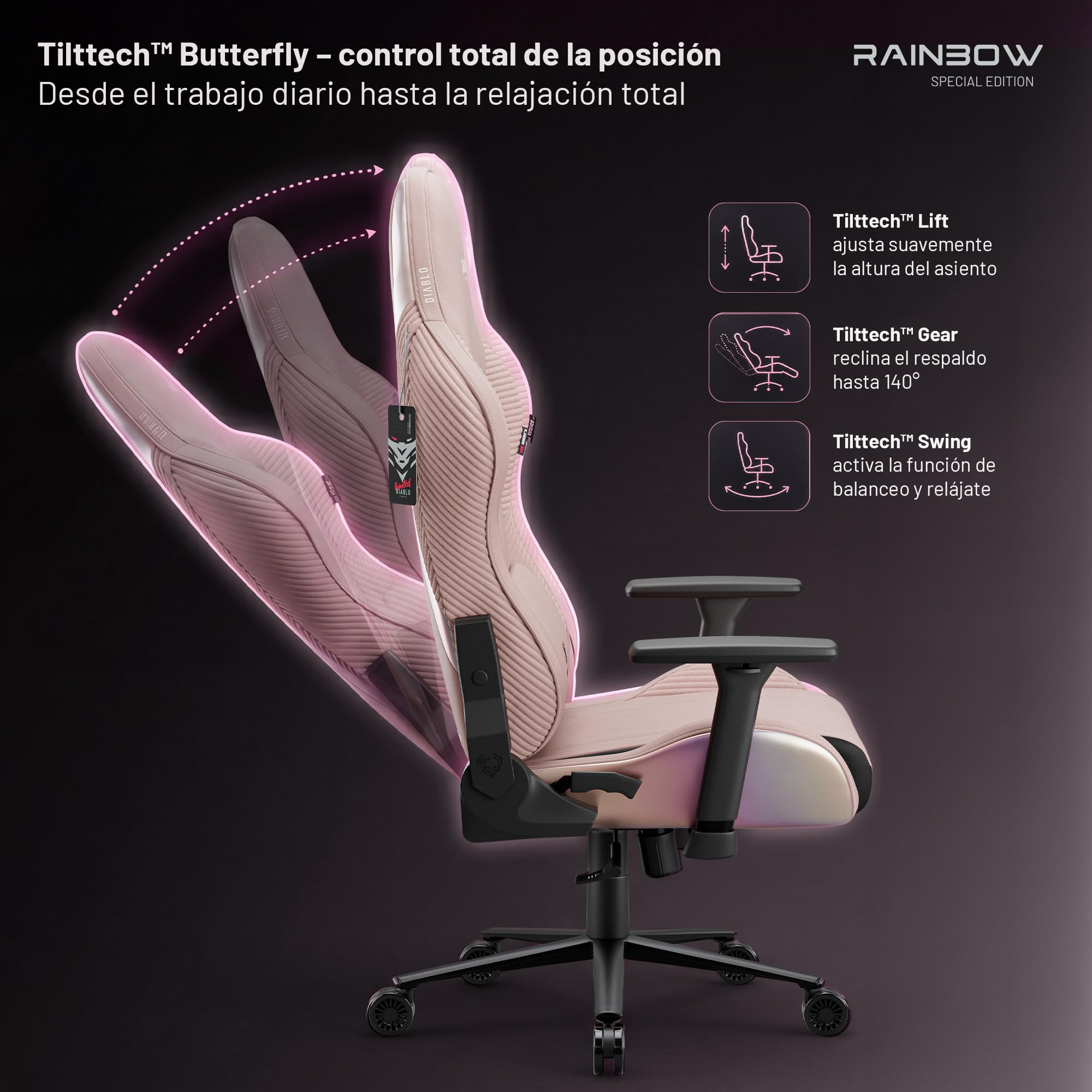Diablo Silla Gaming Ergonomica de Tela Silla Gamer Reclinable para PC Oficina Setup Gaming con Reposabrazos 3D Soporte Lumbar Reposacabezas Profesional hasta 140 kg Rainbow Pink | Silla de juegos con almohada, función basculante, respaldo de 140°, tejido
