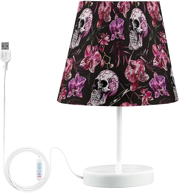ALAZA Flower Sugar Skull Blossom Skeleton Decor Bedside Table Lamp with USB Port 3 Color Temperatures LED Desk Lamp for Bedroom Office M