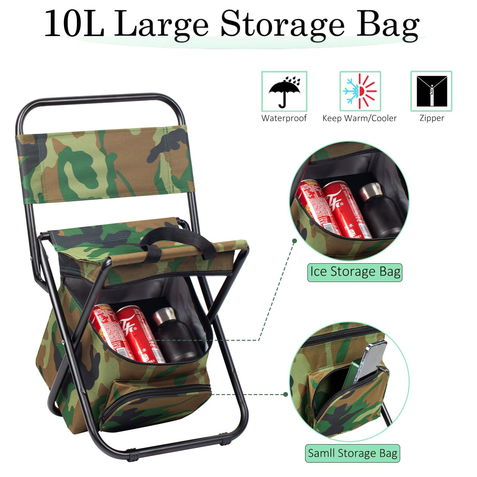 Sequpr Foldable Camping Chair with Cooler Bag, Hunting Fishing Chair Backpack with Backrest, Compact Camping Chair Stool for Fishing Hiking Hunting (Camouflage)