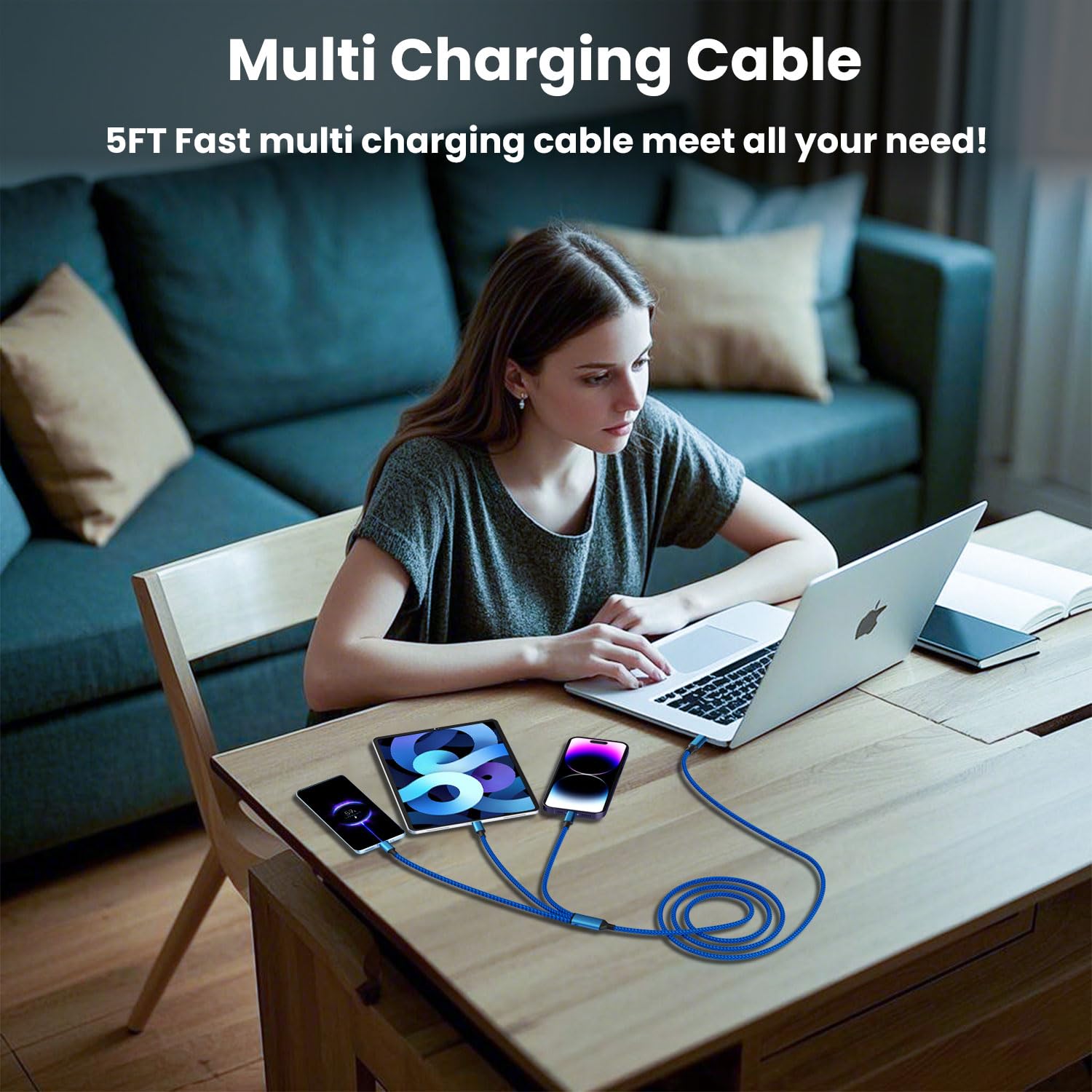100 W USB-C-Multi-Ladekabel, 3-in-1-Ladekabel, schnell mit E-Prüfzeichen-Chip, Universal-Ladegerät für mehrere Geräte mit USB C [100 W] + IP [27 W] + Micro [15 W] für Laptop/Tablet/Handy/mehr