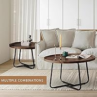 Vista 4 de Juego de 2 mesas de centro redondas anidadas, de 28 pulgadas de nogal con acanaladas, modernas de mediados de siglo, centro para sala de estar