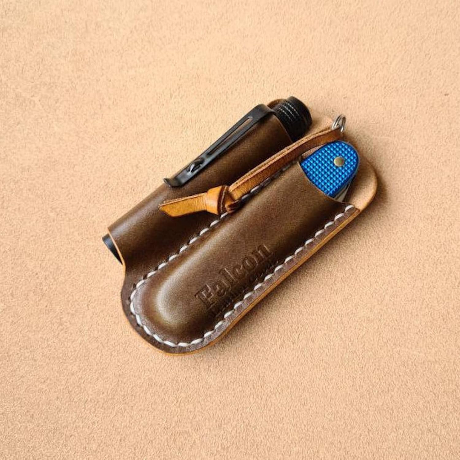 Handmade Knife & Flashlight Leather Sheath/Pocket Organizer (Olive, Stitching: Hazelnut)