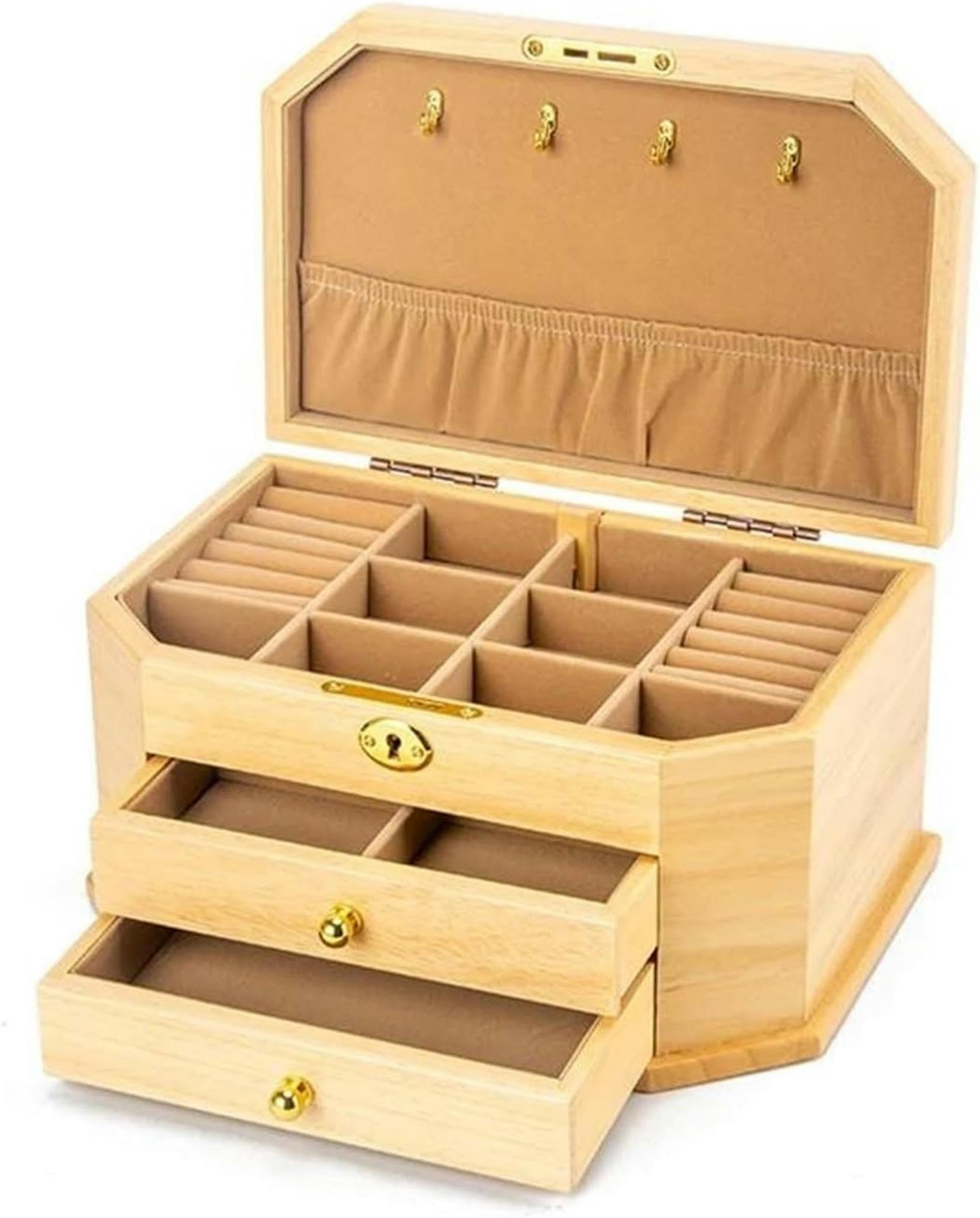 OZBMA Ring Box Hexagonal Solid Wood Jewelry Storage with Lock Eye Earrings Necklace Large Capacity Retro Boxes for Jewellery~/ (B A)
