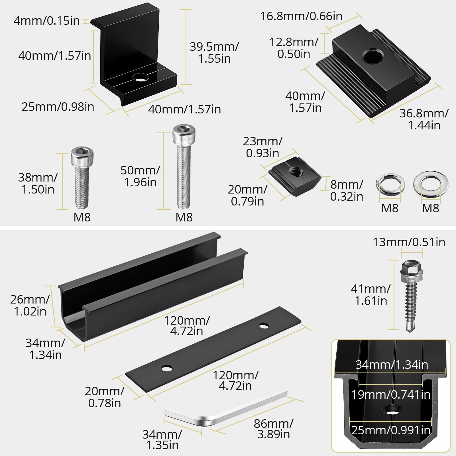 Anbte 10 Piezas Soporte Placas Solares 120mm*25mm AleaciÓn de Aluminio, 4x Abrazadera Final para Panel Solar de 40mm y 6 Abrazaderas Centrales para Caravanas Furgonetas Cobertizos Color Negro