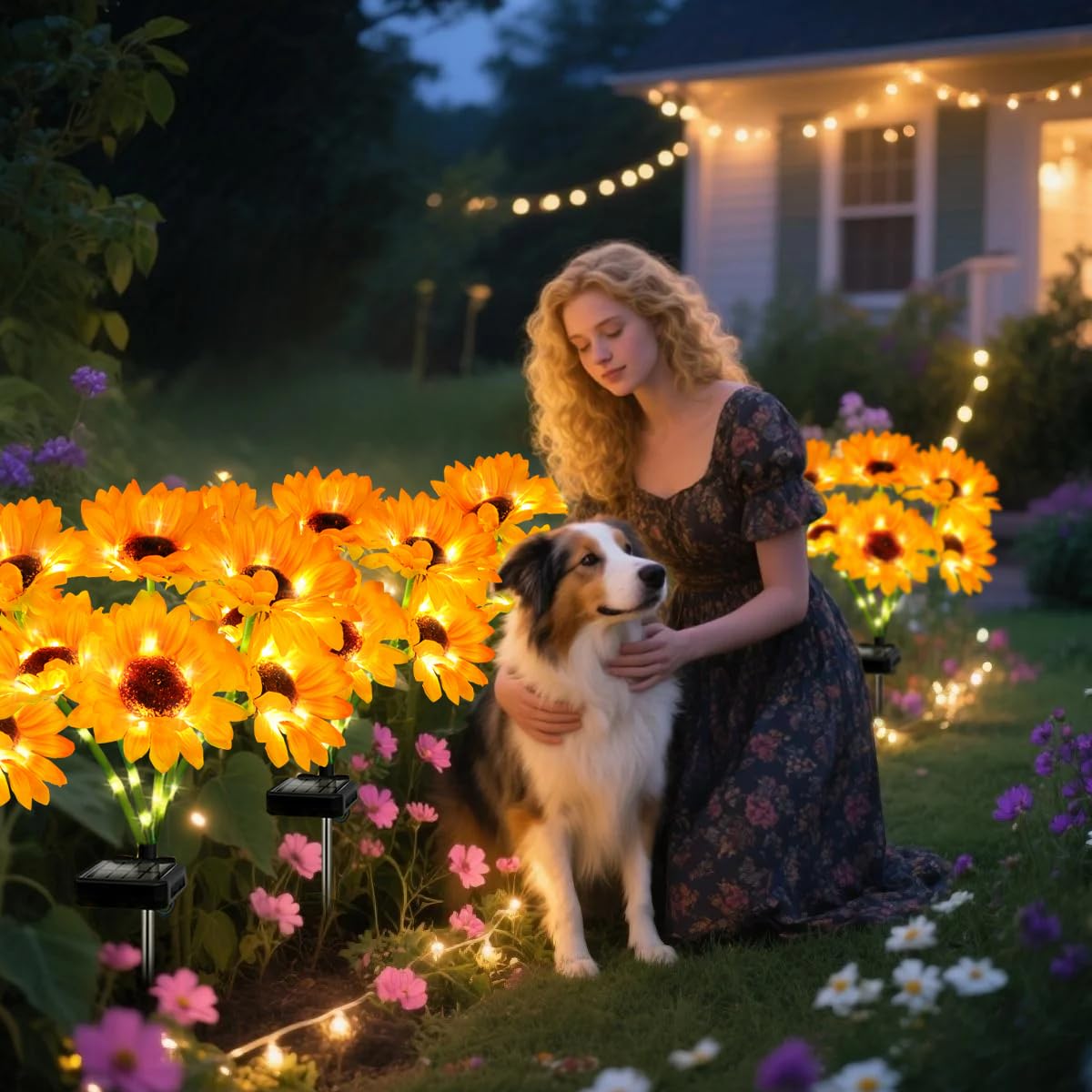 Confezione da 2 luci solari da giardino a forma di girasole, luce bianca calda, a LED, per esterni, per cortile, patio, prato, vialetto, impermeabile IP65, regalo ideale per donne, mamma